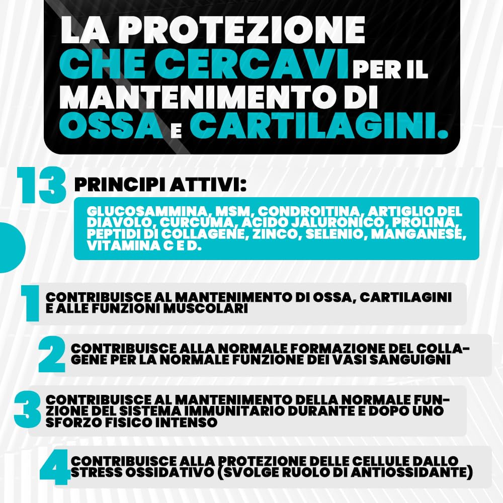 ARTICOSS Integratore per Articolazioni Ossa e Cartilagini con Glucosamina Condroitina Msm Artiglio del Diavolo, Vitamina C e Vitamina D, Collagene e Acido Ialuronico. 60 compresse