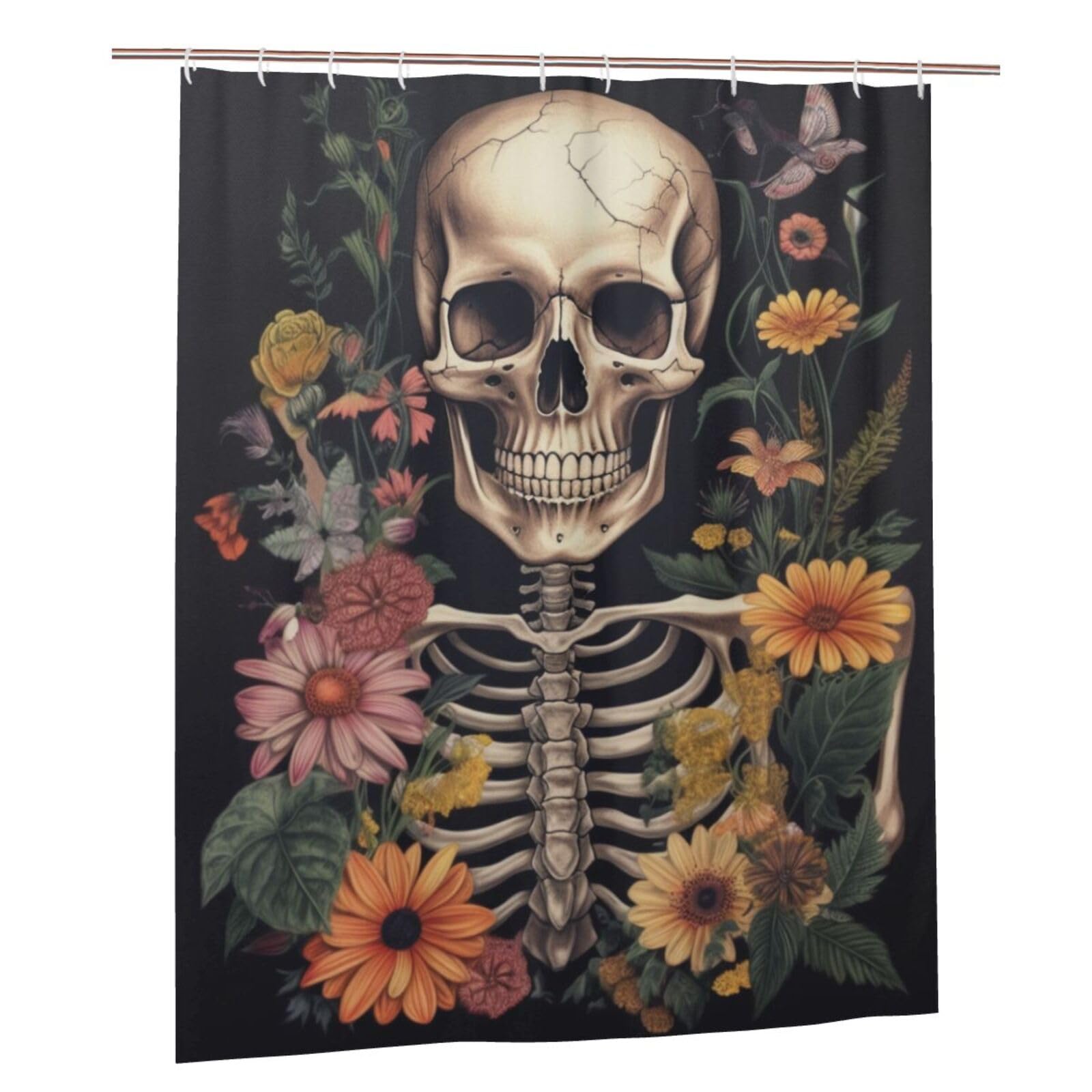 BWWHCCTI Skeleton Skull with Flower Printed Shower Curtain With 12 Plastic Hooks Opaque Quick Drying Waterproof Shower Curtains Sets For Bathroom 152x183 Cm