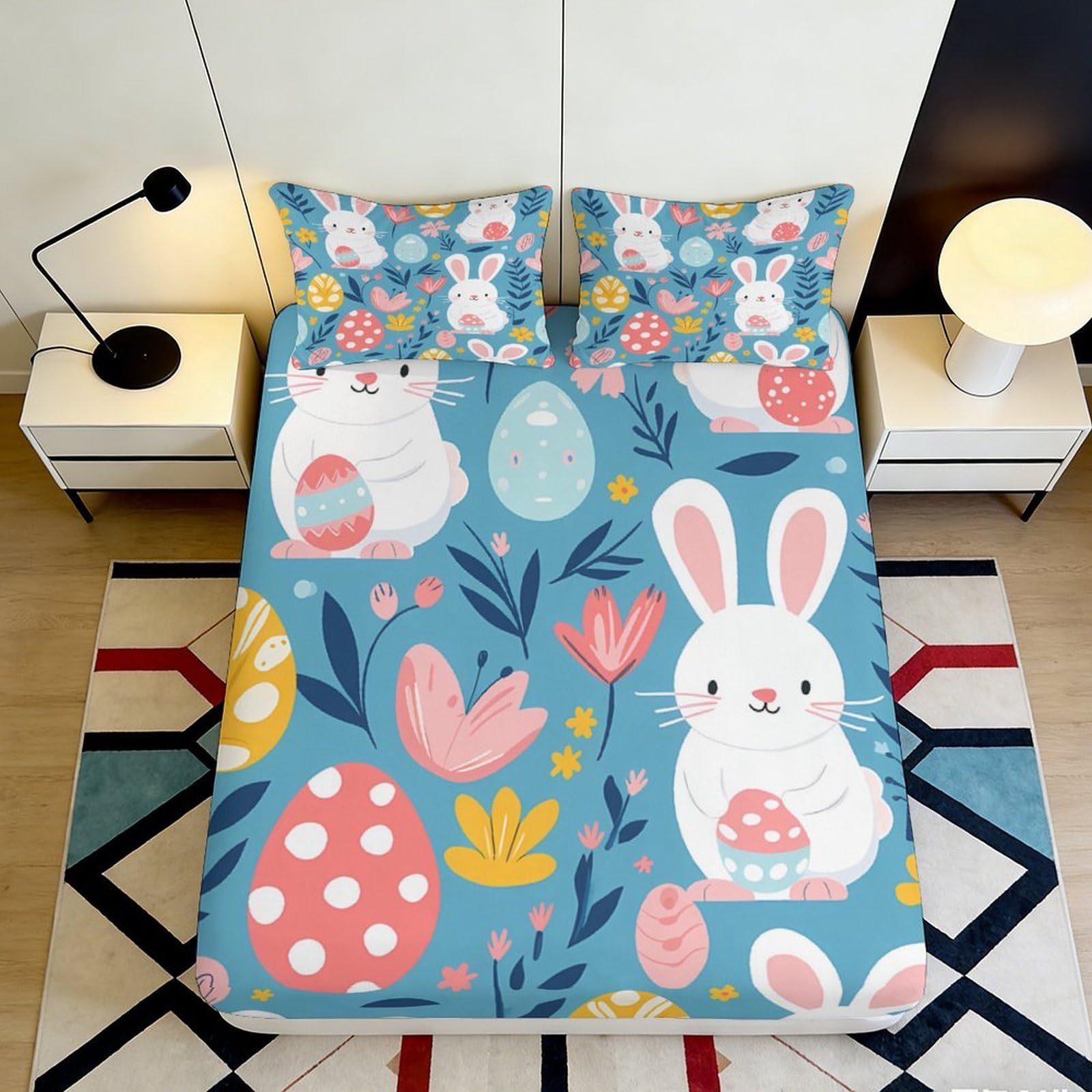 3D Printed Easter Bunny Fitted Sheet Microfiber Non-Slip Deep Pocket Easter Mattress Fitted Cover Soft Washable for Bedroom 180x200x25cm