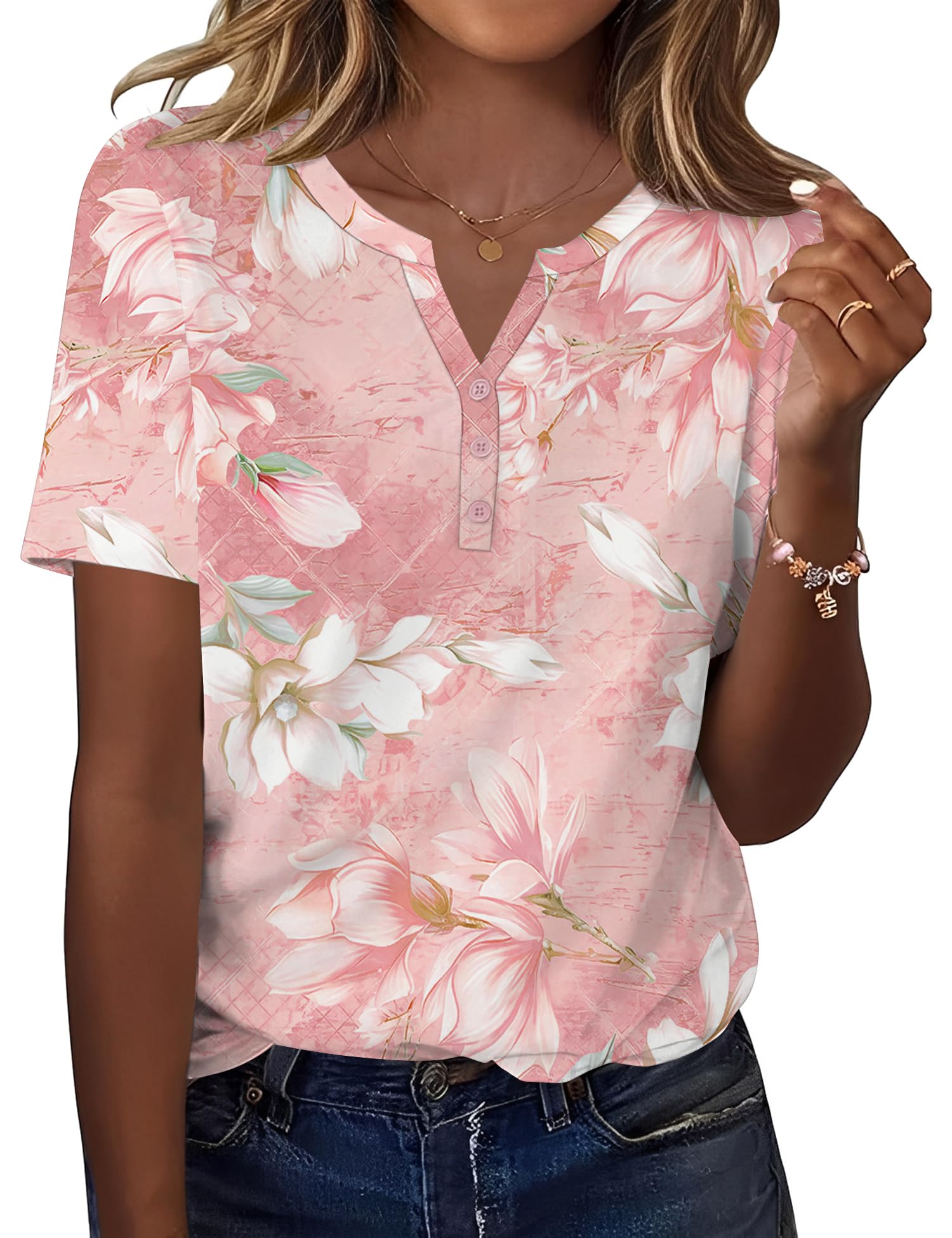 Kistore Tshirt Damen Elegant V Ausschnitt Kurzarm Bluse mit Knopf Sommer Leicht Mode Damenkleidung Lässig Büro Blusenshirt S-2XL