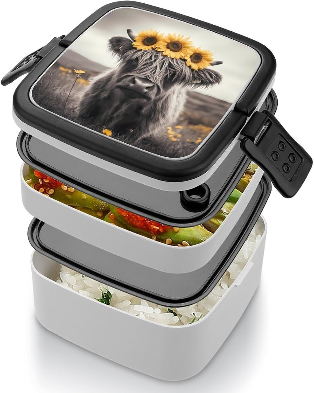 Highland Cow Black And White Bento Box with Spoon 2 Layer Food Container Cute Lunch Box for Travel Dining Work