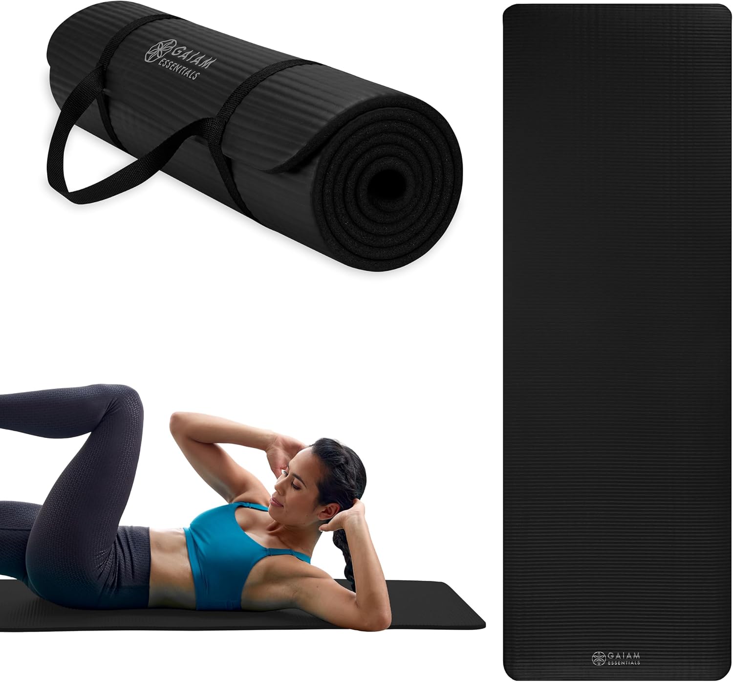 Gaiam Essentials 2/5" Gruby (10 mm) Joga i Pilates, Mata do ćwiczeń i do ćwiczeń z Easy-Cinch Pasek do noszenia Poduszka do ćwiczeń fitness i siłowni