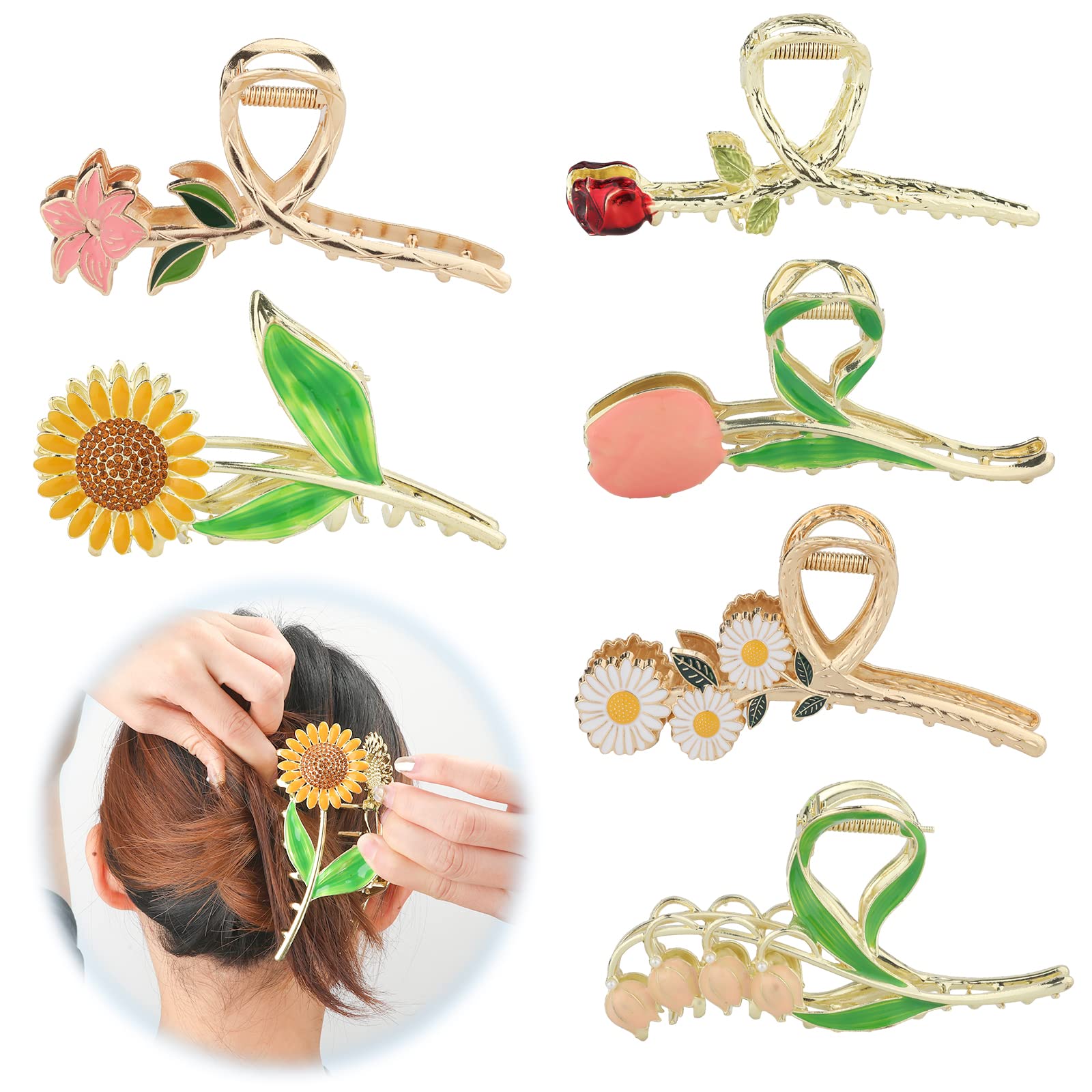 6 Pinzas Pelo Metal con Flores, Antideslizantes Coloridas Metal Floral Pinzas Pelo Tulipán Pinzas para el Pelo con Flores Grandes Accesorios Moda para el Cabello Regalo para Mujeres y Niñas