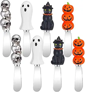 Lasnten 8 Pcs Halloween Cheese Spreaders Spooky Butter Knife Cat Ghost Skull Handle with Stainless Steel Blades for Halloween Spreading Cream Cheese, Butter, and Jam