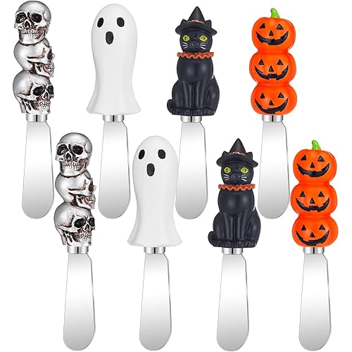 Lasnten 8 Pcs Halloween Cheese Spreaders Spooky Butter Knife Cat Ghost Skull Handle with Stainless Steel Blades for Halloween Spreading Cream Cheese, Butter, and Jam