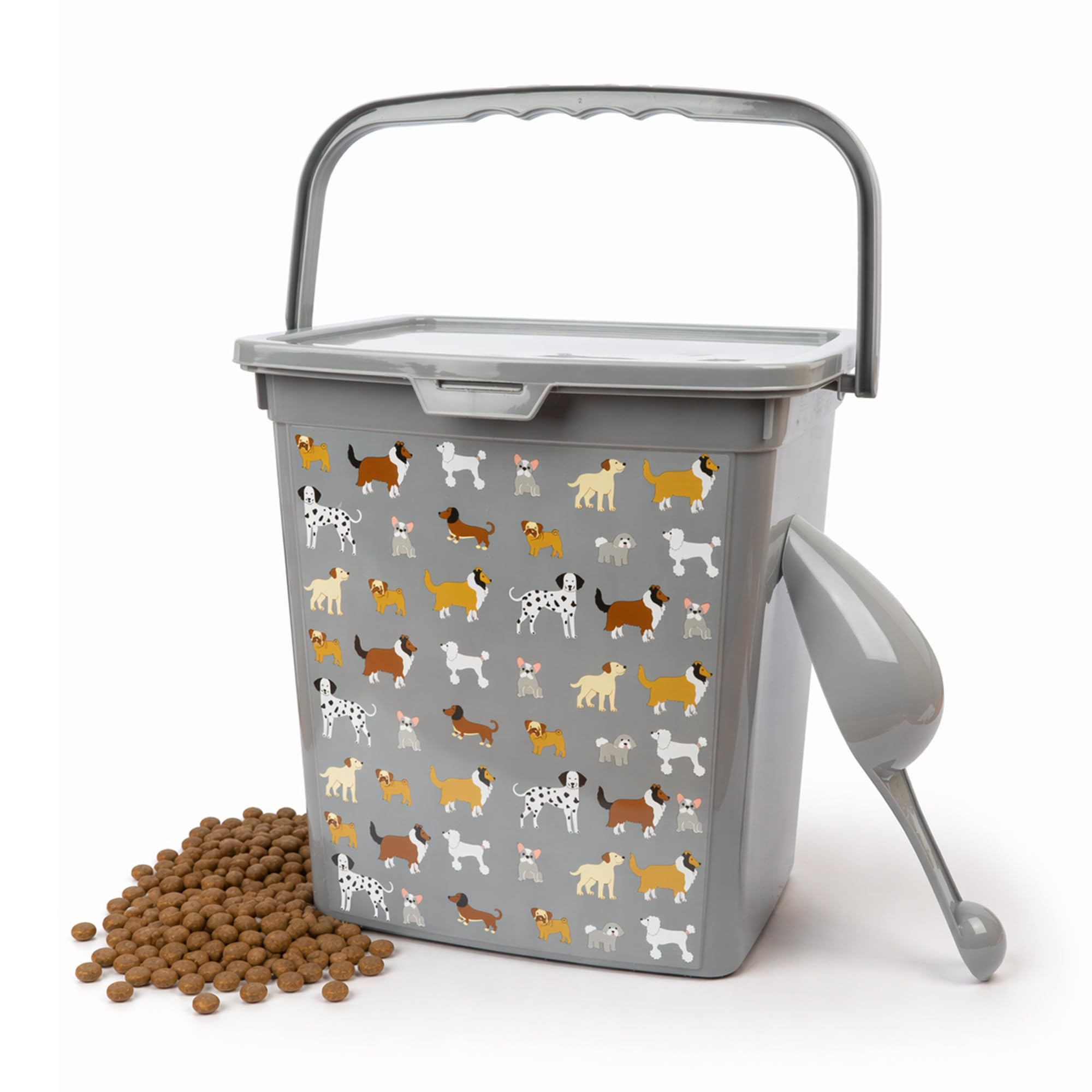 Navoys Pet Food Storage Bin with Lid | Handle and Scoop | 6L | Grey, Plastic | Dog Print Design | for Dry Food or Toys | Treats and Kibble