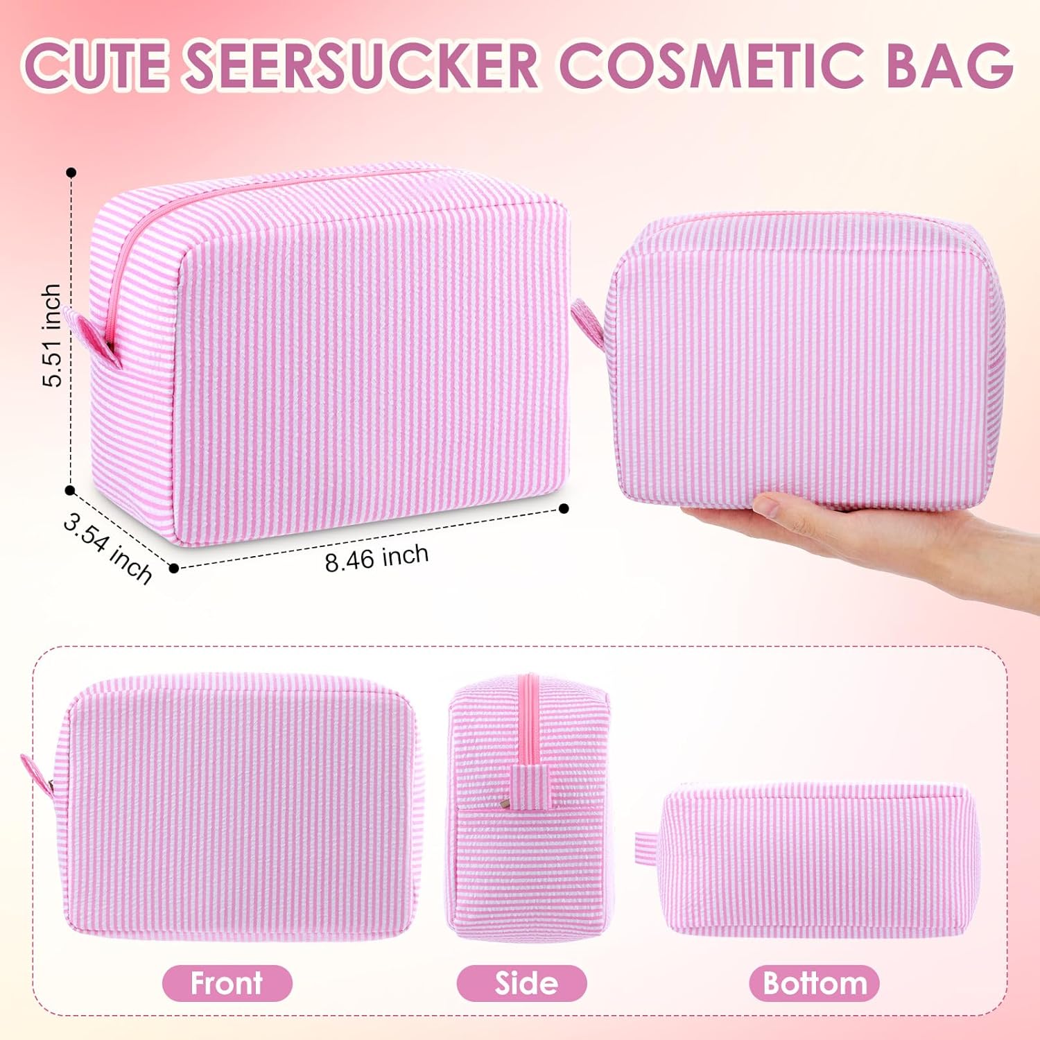 Sanwuta 6 Pcs Seersucker Cosmetic Bag Bulk Pinstripe Makeup Bag for Women Aesthetic Cute Travel Toiletry Organizer Preppy Storage Pouch for Wedding Bridesmaid Christmas Gift (Large,Pink) - Image 2