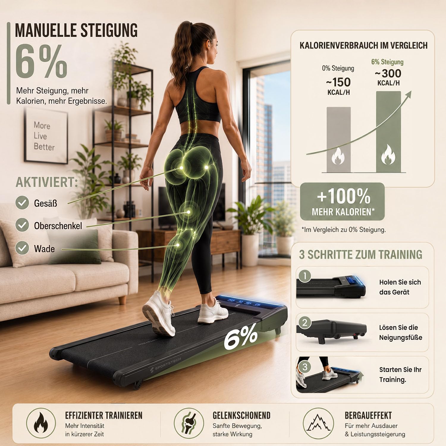 Sportstech sWalk Lite Walking Pad Laufband für Zuhause & Schreibtisch, mit Steigung 6%, bis 6 km/h, LED-Anzeige, App-Steuerung, Fernbedienung, leise, flach & kompakt, für Home Office, bis 150 kg