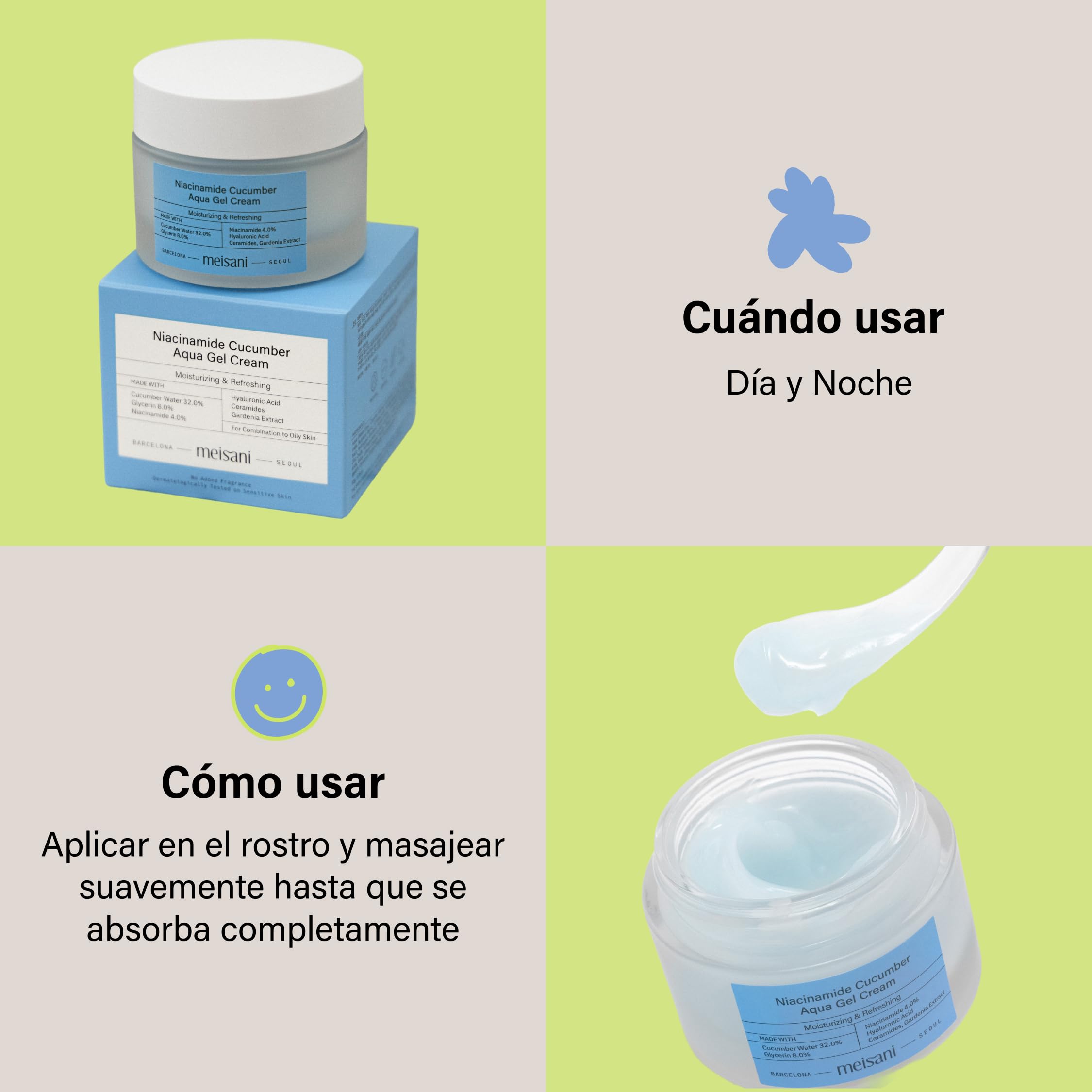 Meisani Niacinamide Cucumber Aqua Gel Cream, Crema facial refrescante con pepino y niacinamida, textura gel (50ml)