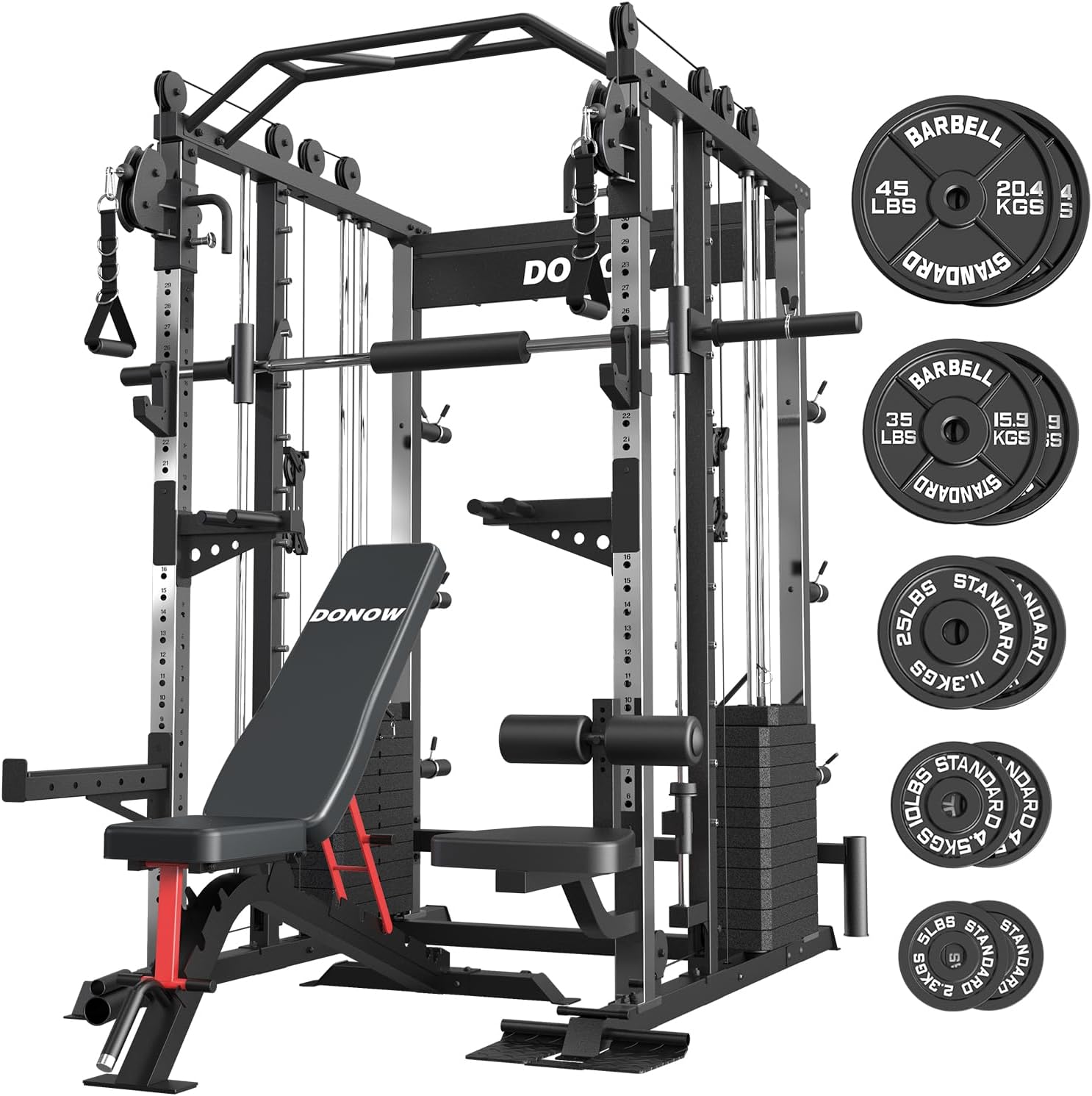 DONOW Smith Machine with Weight Stacks, Heavy Duty Home Gym System Power Cage Cable Crossover Machine Multi-Functional Trainer Ratio 1:1