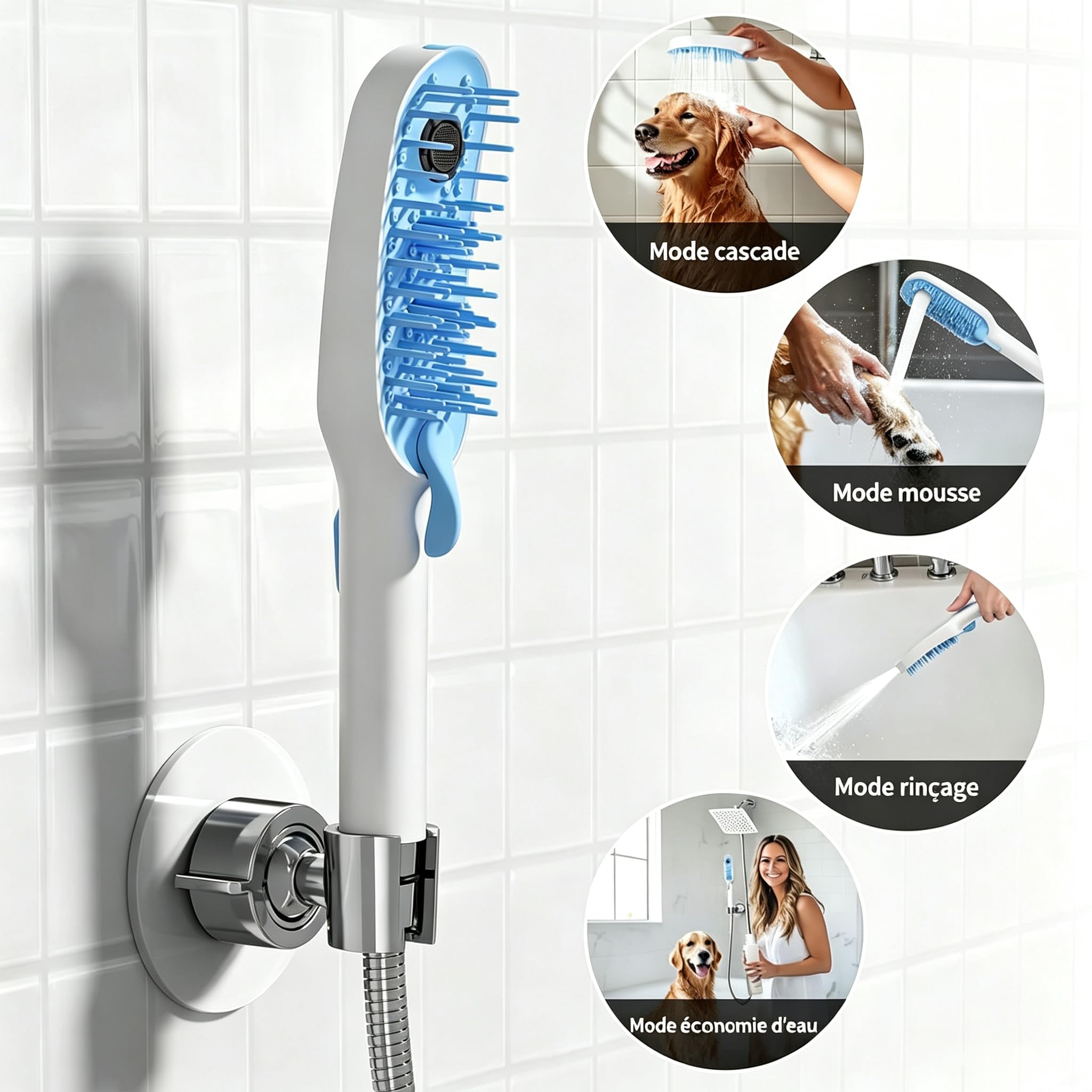 Pack de 3 duchas de aseo para perros y gatos, cepillo de silicona, cabezal de ducha, conexión rápida, flexible, estándar, flujo ajustable, para baño, casa camping playa (negro y blanco)