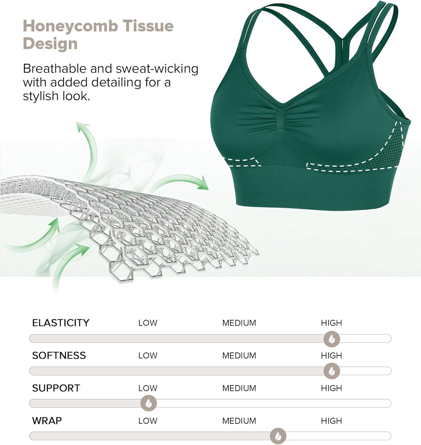 BRXL Strappy Ruched Sports Bra for Women Breathable Seamless Criss Cross Back Light Support Unpadded Bras Exercise Yoga Green S - Image 3