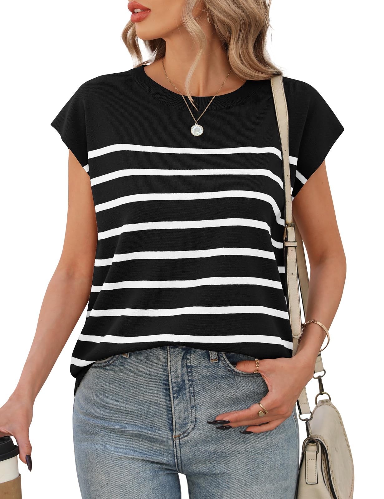 Niwicee Camisetas Manga Corta Mujer Camiseta Mujer Verano Top Mujer Tshirt de Rayas Tops con Cuello Redondo Básica Slim Fit para Mujer Top Elegantes Blusas Informales