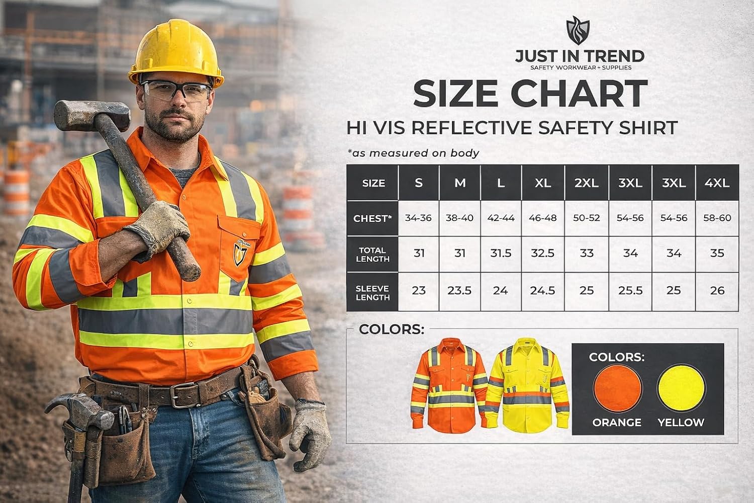 Premium Class 3 High Visibility Hi Vis Safety Shirt - Long Sleeve - 65% C35% N - 6 oz