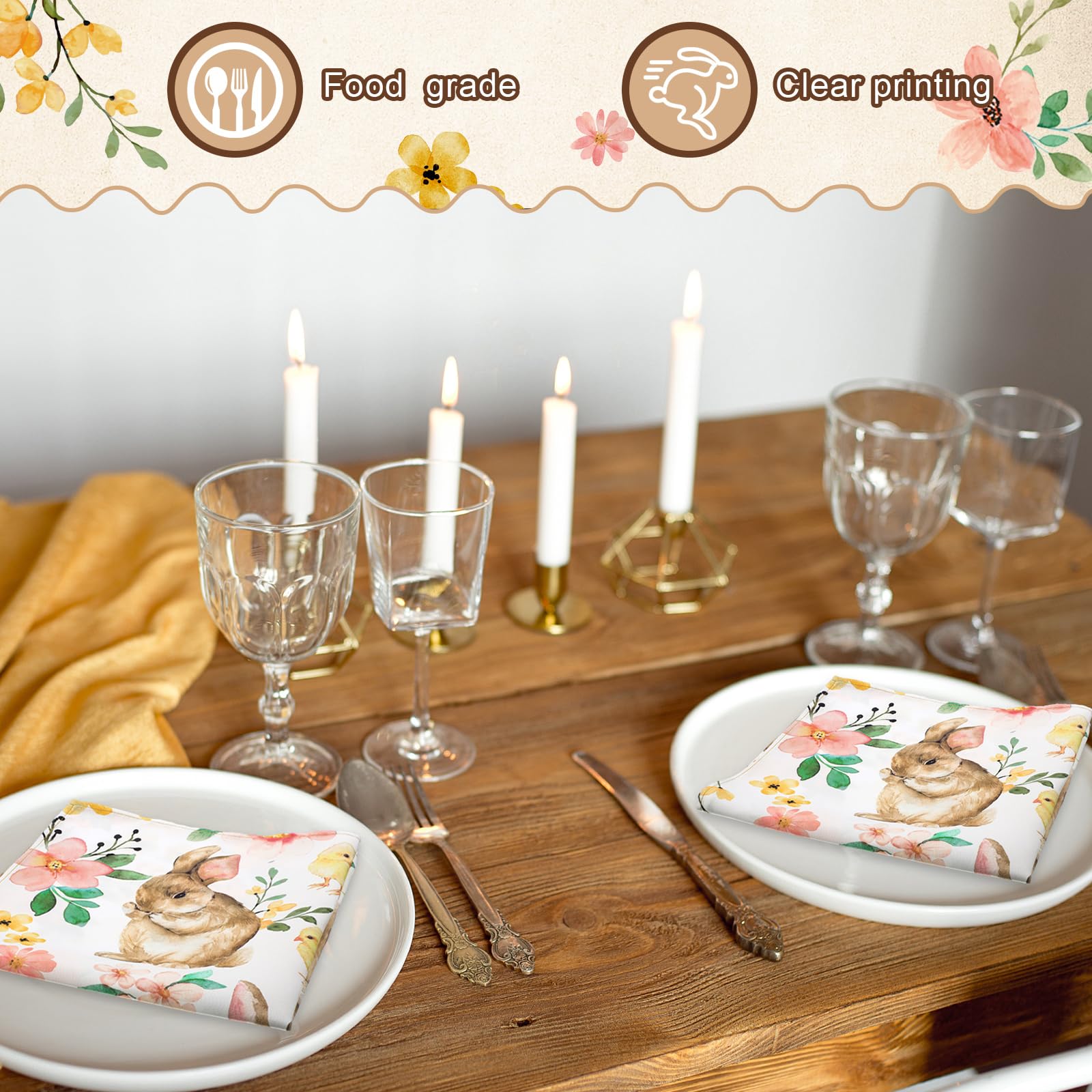 Maxdot 12 servilletas de tela de Pascua de 19 x 19 pulgadas, servilletas de conejo, flores de primavera, decoración de fiesta de Pascua, servilletas de tela lavables, regalos (clásico)