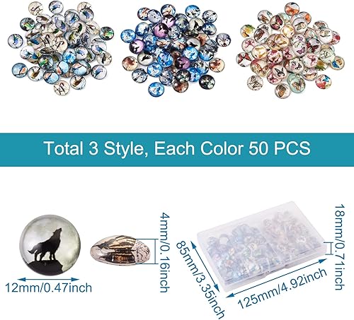 Miniatura 2 de 150 cabujones de cristal de animales de 0.47 pulgadas de 0.47 pulgadas, mitad redondos, pájaro, lobo, mariposa, cabujones de cúpula de vidrio,