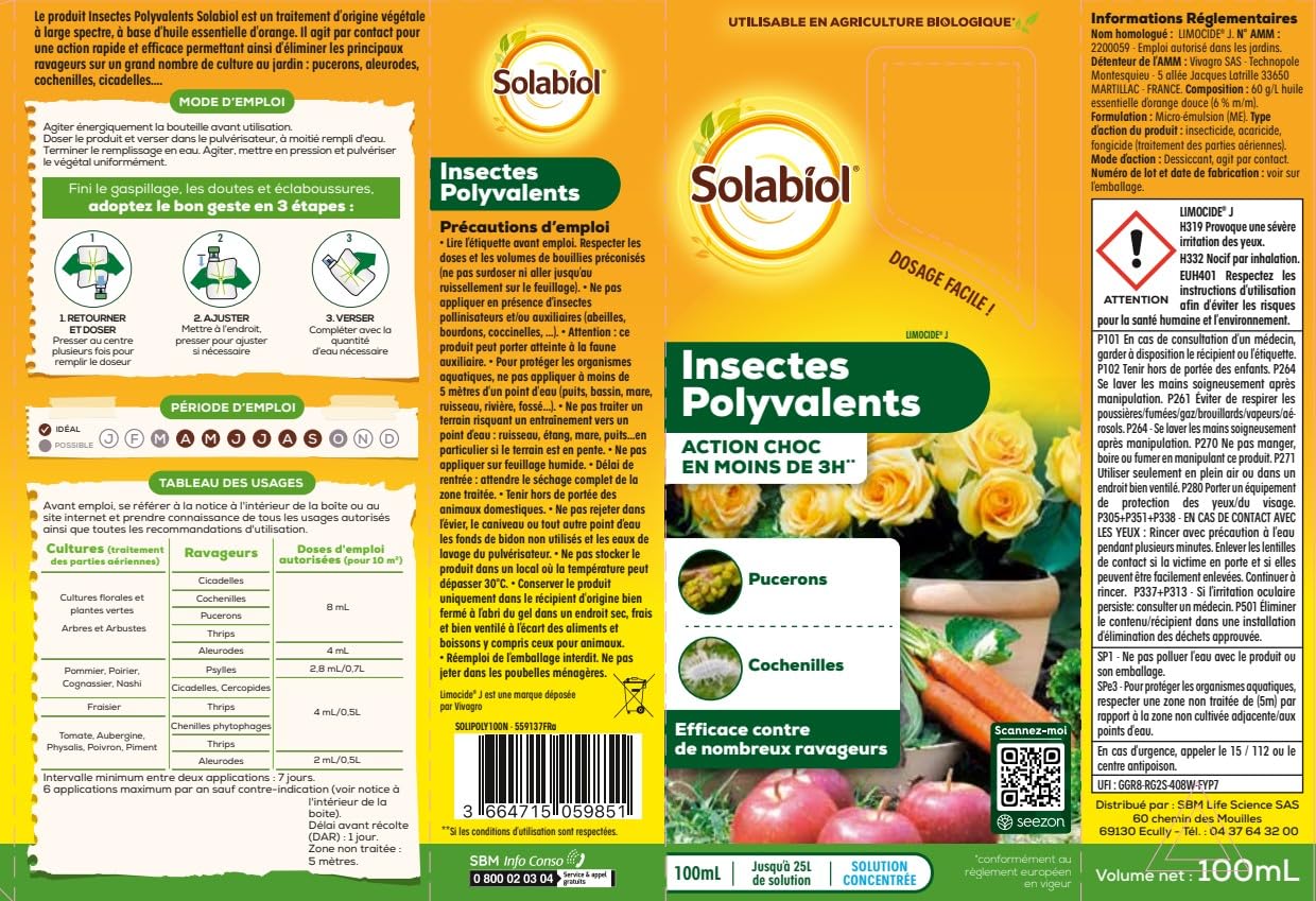 SOLABIOL Anti-Insectes Polyvalents - Action Rapide - 100ml | Effets Visibles en 3h - Pucerons, Cochenilles, Aleurodes - Utilisable en Agriculture Biologique - SOLIPOLY100N