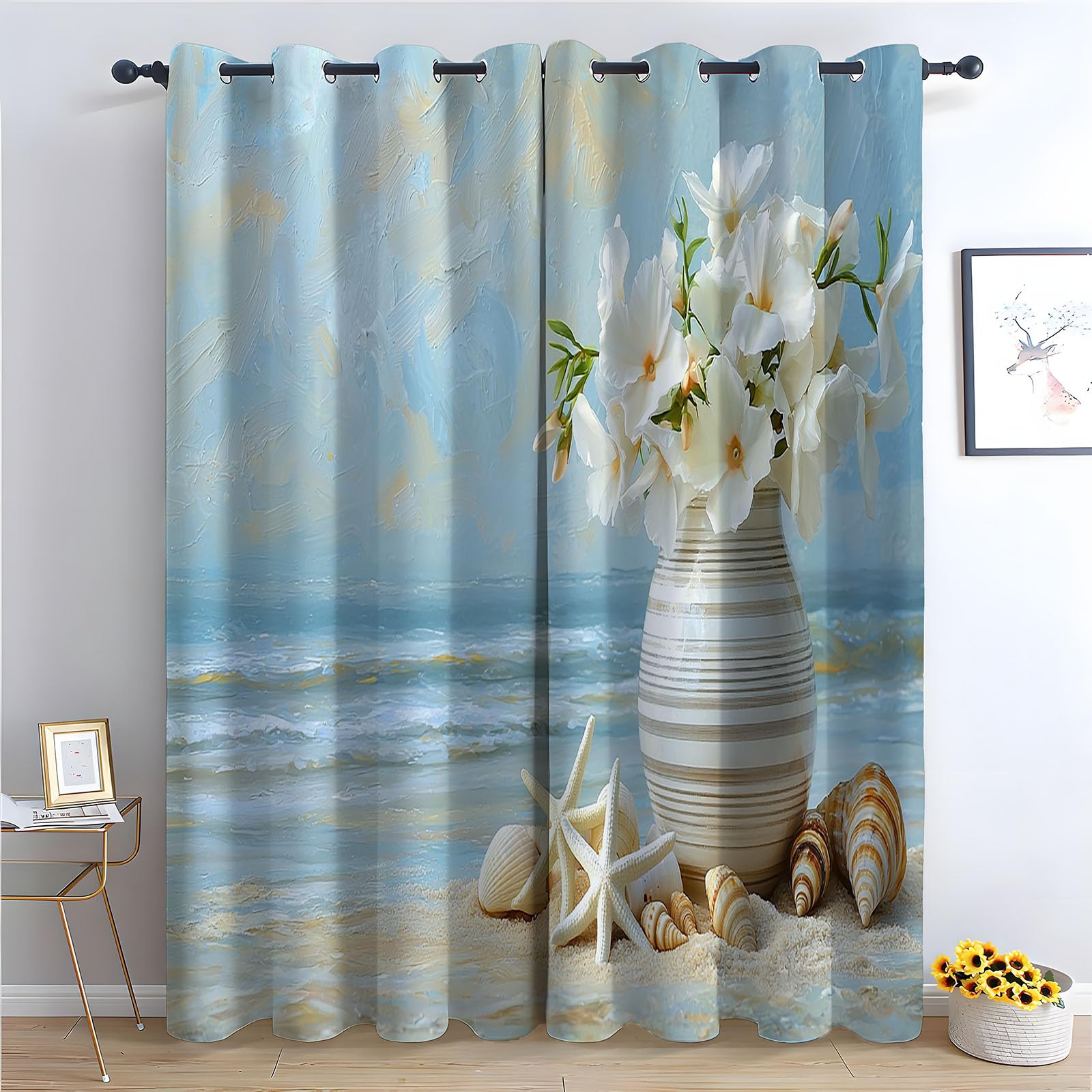 WIKEO Floral Curtains for Living Room Bedroom Purple Sunset Beach Scenery Textured Farmhouse Curtain Leaf Printed Eyelet Rustic Drapes Window Treatment-52 W x 96" L (Pack of 2)