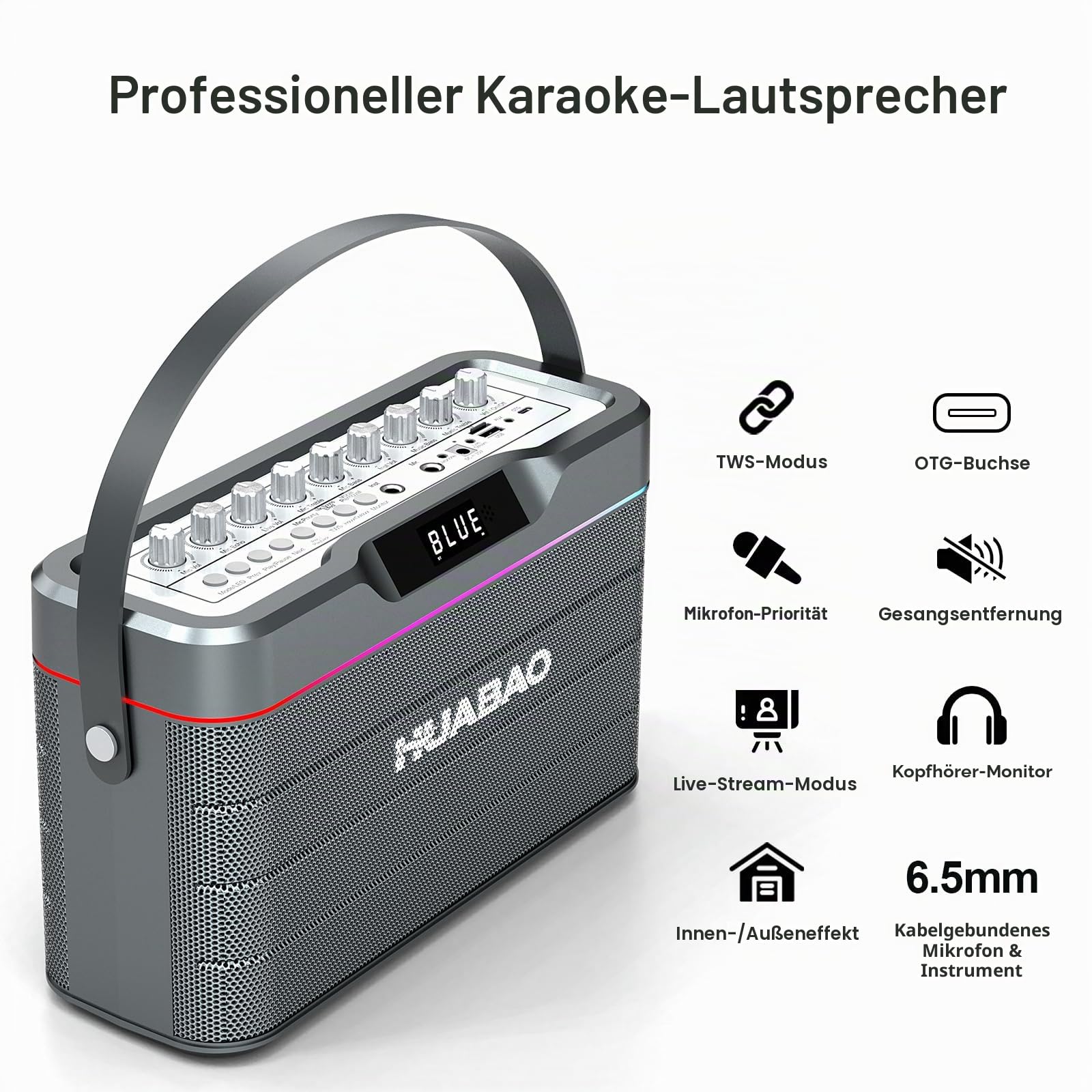 Karaoke-Maschine - 100W Bluetooth-Lautsprecher mit Super Bass, 2 drahtlose Mikrofone, tragbares PA-System mit LED-Leuchten, TWS-Paarung, Bass/Höhen/Echo-Einstellung, professioneller Lautsprecher