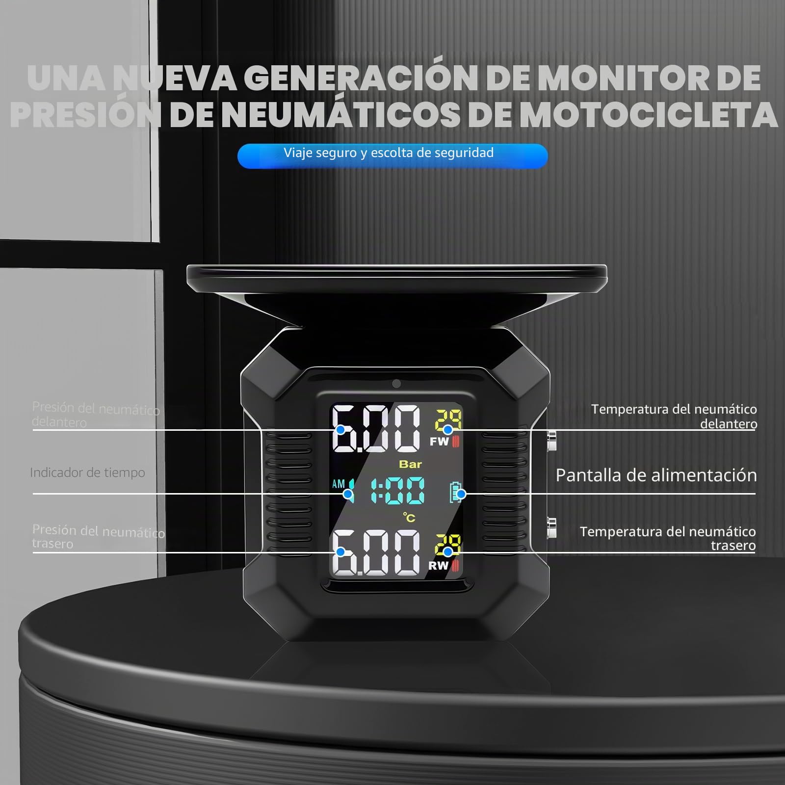 KAOLALI Sistema de Control de Presión de Neumáticos Moto TPMS, Motocicleta Inalámbrica Carga Solar/USB TPMS para Motocicletas con Pantalla LCD 2 sensores externos Impermeables