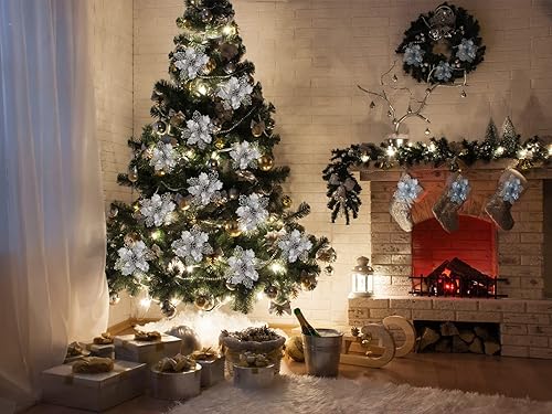 Miniatura 4 de Decoración de árbol de Navidad de flor de pascua con purpurina plateada, 12 piezas, flores de Navidad artificiales, adornos para corona con clips y