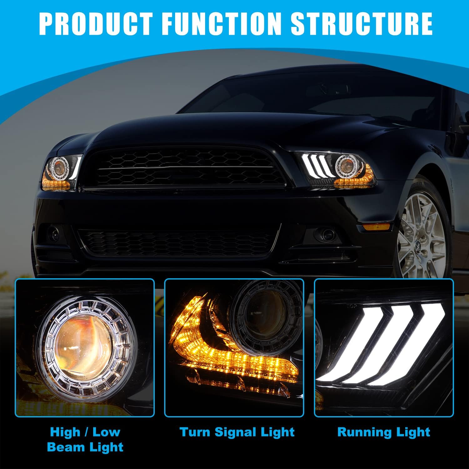 CPW Headlights Assembly Compatible with 2010 2011 2012 Ford Mustang S550 Style LED DRL Sequential Turn Signal Lights Dual Beam Headlamp 1Pair