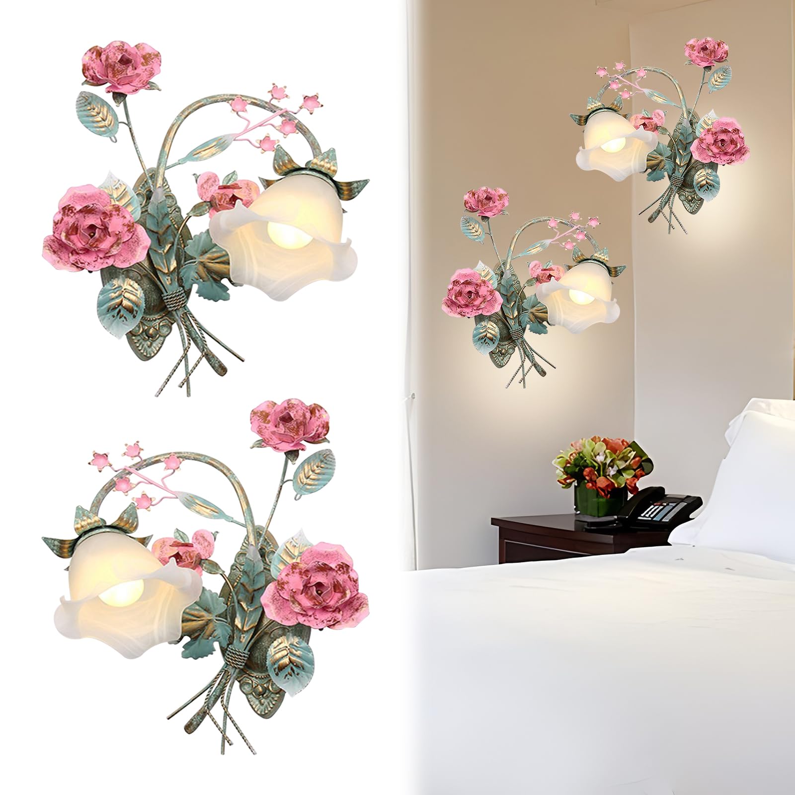 KISFWIU wall lamps lights indoor Decorative Iron Rose Floral Retro Flower Industrial with Metallic Glass White Lampshade Wall Lamp Suitable for Bedroom, Living Room,Living Room (Warm light A+B)