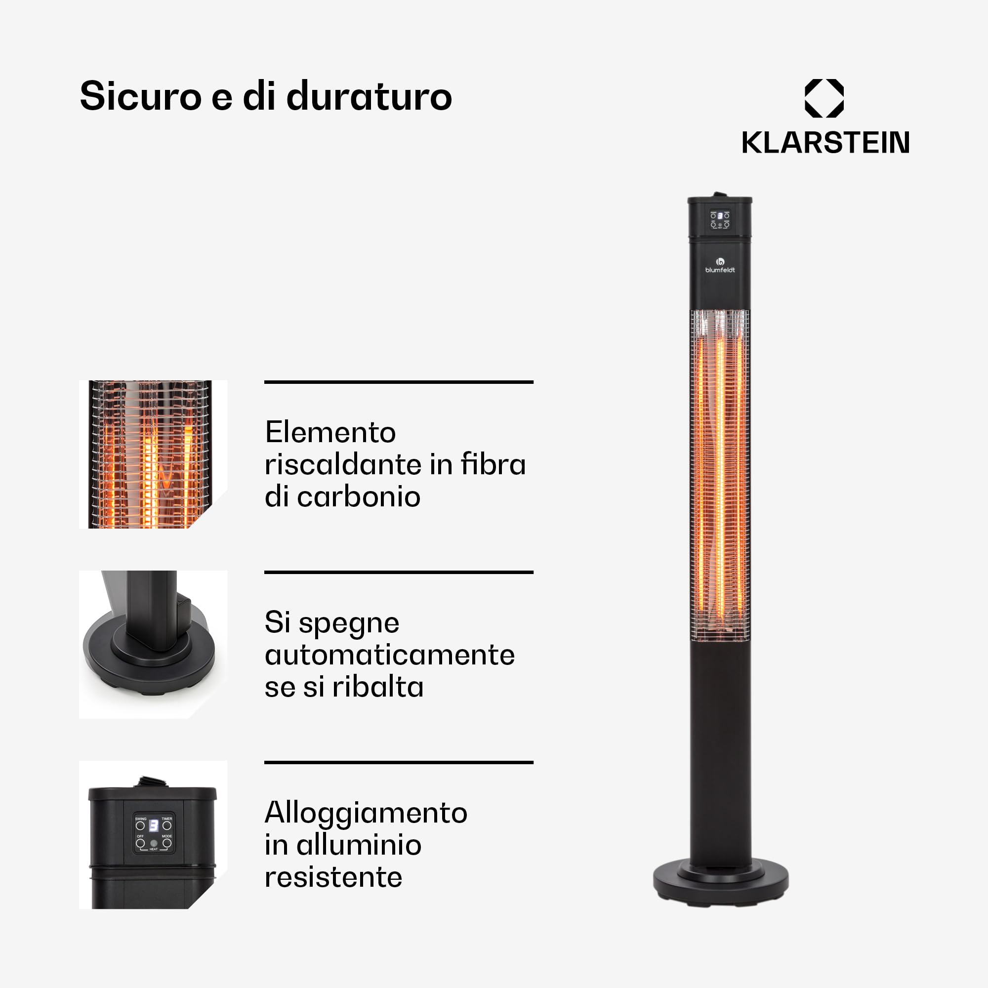 Klarstein Stufa Elettrica Basso Consumo, Colonnina Elettrica per Interno ed Esterno 2000W, Termosifone Elettrico, Pannello Radiante Infrarossi, Stufetta Con Oscillazione, IP44, No CO2