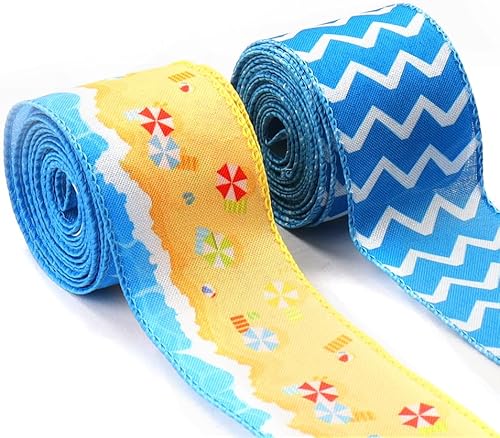 2 cintas de tela de verano, tiras de olas marinas de verano, océano, océano, playa, para fiestas de verano, envoltura de regalos, suministros de