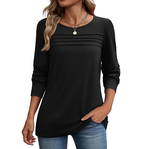 Zeagoo Long Sleeve Shirts for Women Casual Fall Fashion Crewneck Pleated Tunic Tops Work Outfit Blouse