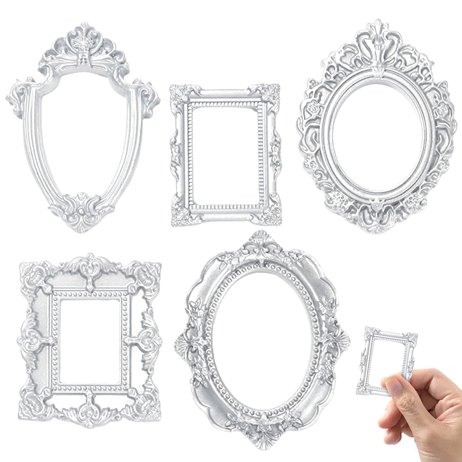 5Pcs Mini Picture Frames Dollhouse Vintage Photo Frames with Elegant Carved Edges Silver Small Photo Frame for Wall Hanging Doll House Furniture DIY Desktop Jewelry Display Christmas Photo Frame