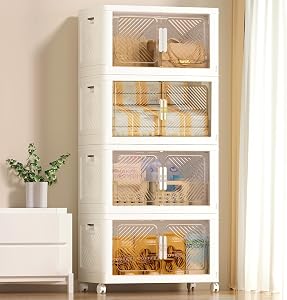 280 L (304 QT) Foldable Stackable Storage Containers with Lid, Clear Plastic Collapsible Storage Bins with Door and Wheels, 4 Tier Closet Organizers and Storage Box for Home