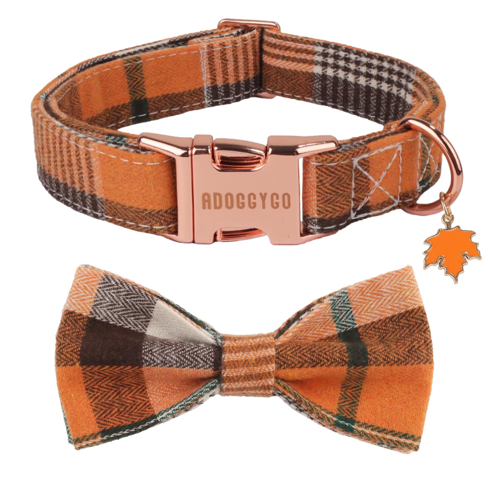 adoggygo fall dog collar with bow, detachable plaid halloween thanksgiving bowtie, metal buckle, adjustable orange plaid fall collars for extra small dogs boy girl (x-small)