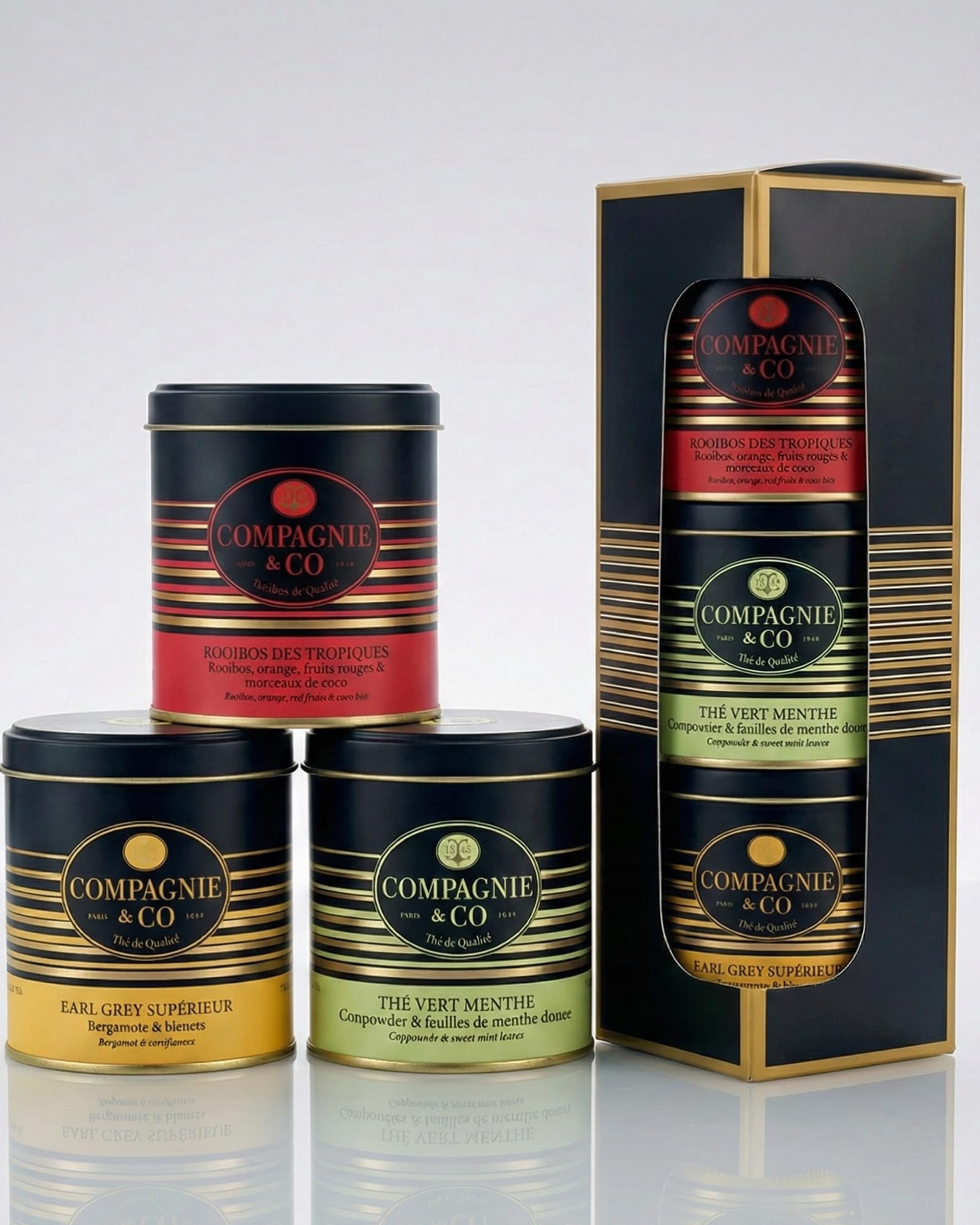 Edles Trio Tee-Geschenkset: Earl Grey, Rooibos Tropiques, Grüner Tee Menthe | Drei Sorten, schmuckvolle Aromadosen, Tee Geschenkideen, Premium Tee, Geschenk für Teeliebhaber, Christmas Hamper