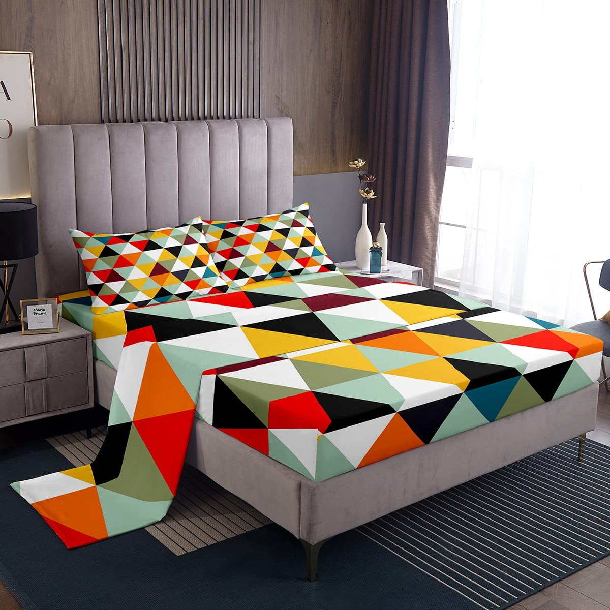 Geometric Triangle Sheet Set Double,Colorful Triangles Bed Sheets Abstract Geometry Graphics Bedding Set Modern Art Fitted Sheet Green Yellow Orange Flat Sheet + 2 Pillow Cases
