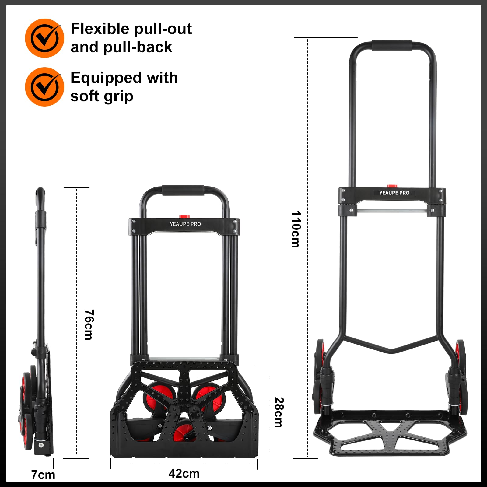 Carretilla Plegable con Ruedas de aleación de Acero, 100 kg, 110 cm, con Cuerda elástica y Cuerda elástica