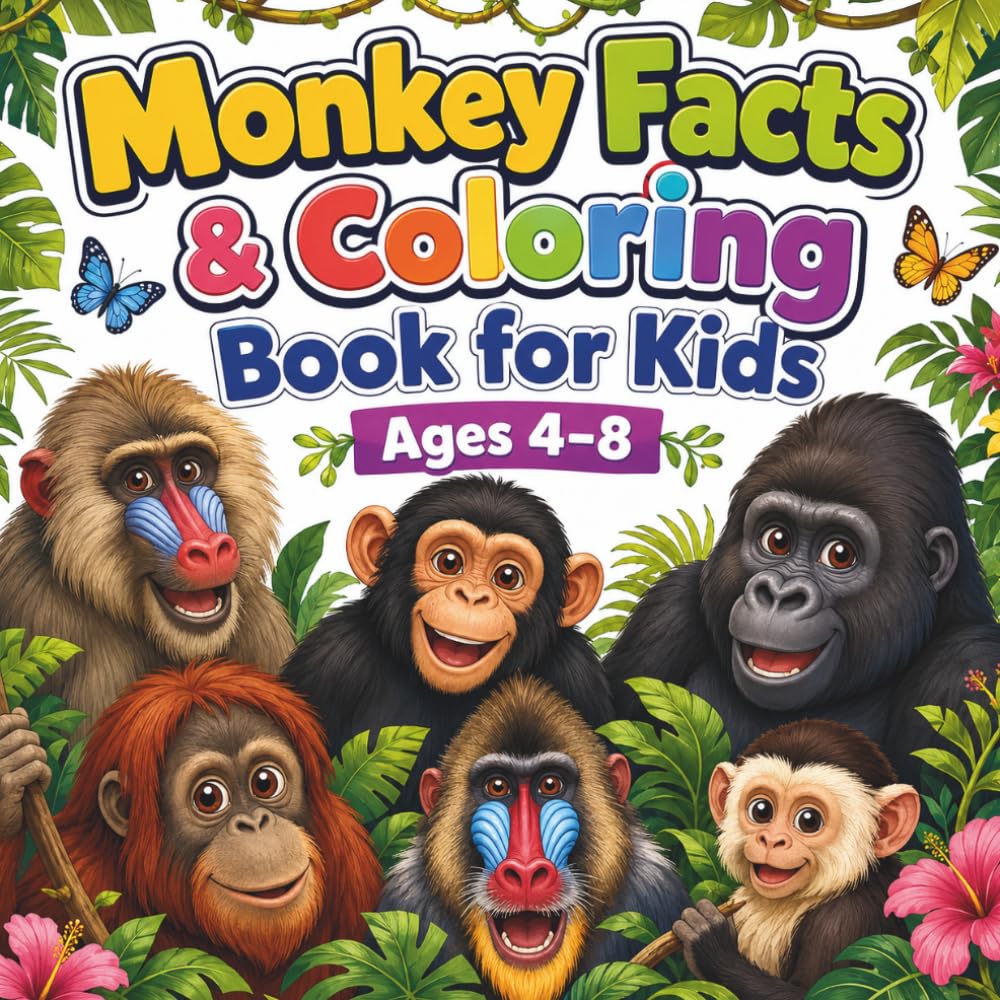 Monkey Facts & Coloring Book for Kids Ages 4–8: Learn About Baboons, Chimpanzees, Gorillas, Orangutans, Mandrills & Capuchin Monkeys with 60 Bold and ... for Boys and Girls (Learn & Color Adventures)