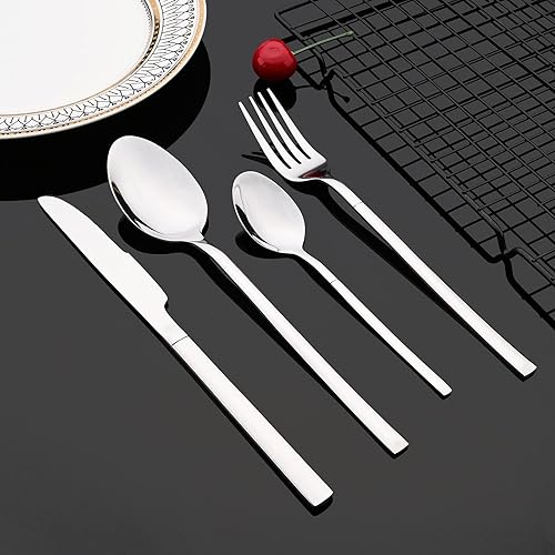 Miniatura 2 de JASHII Juego de cubiertos plateados brillantes de 24 piezas, cubiertos de acero inoxidable 180 para 6, utensilios de comedor con borde cuadrado,