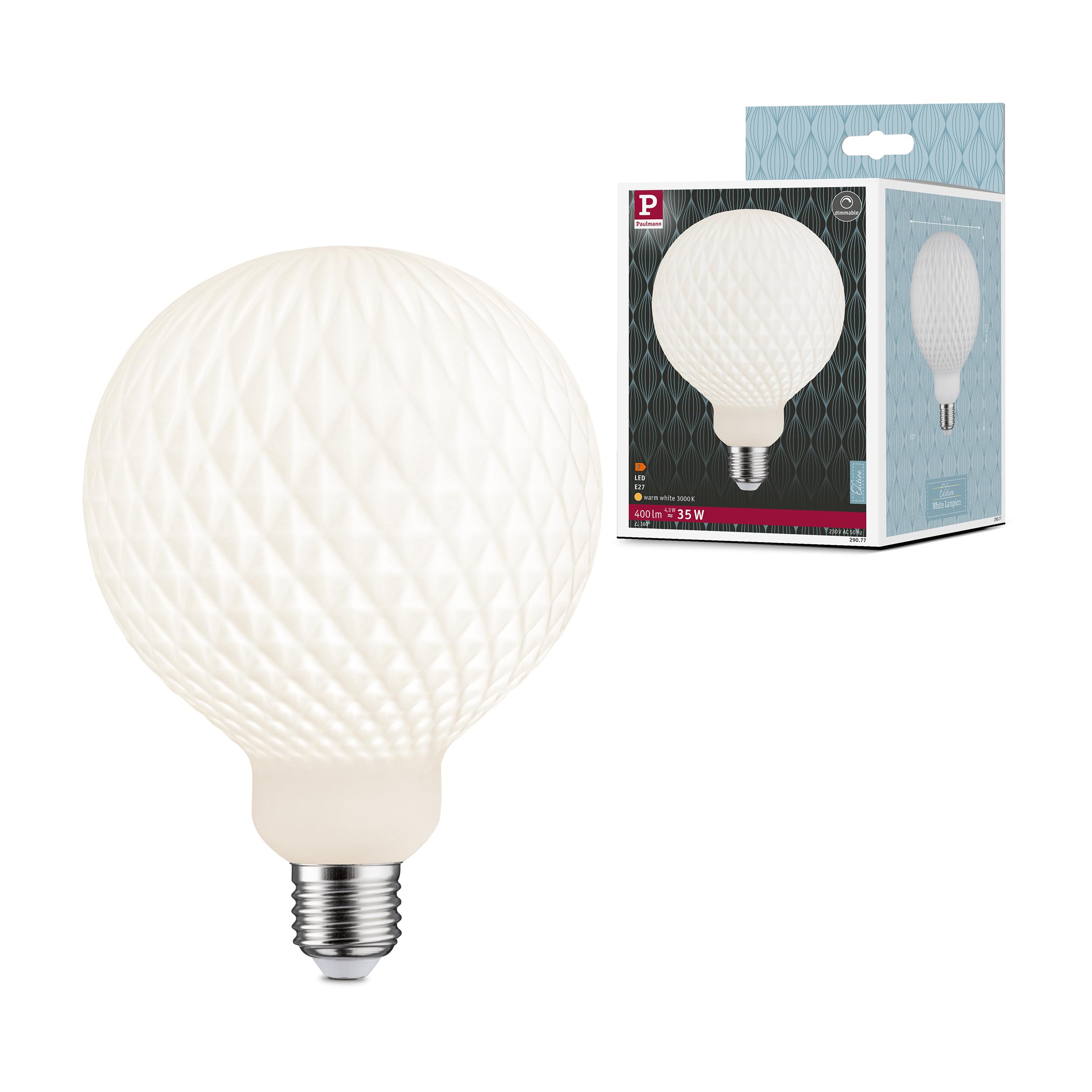 Paulmann 29077 White Lampion Edition Filament LED Globe G125 230V E27 4.3W 400lm dimmable 125mm White Glass 3000K