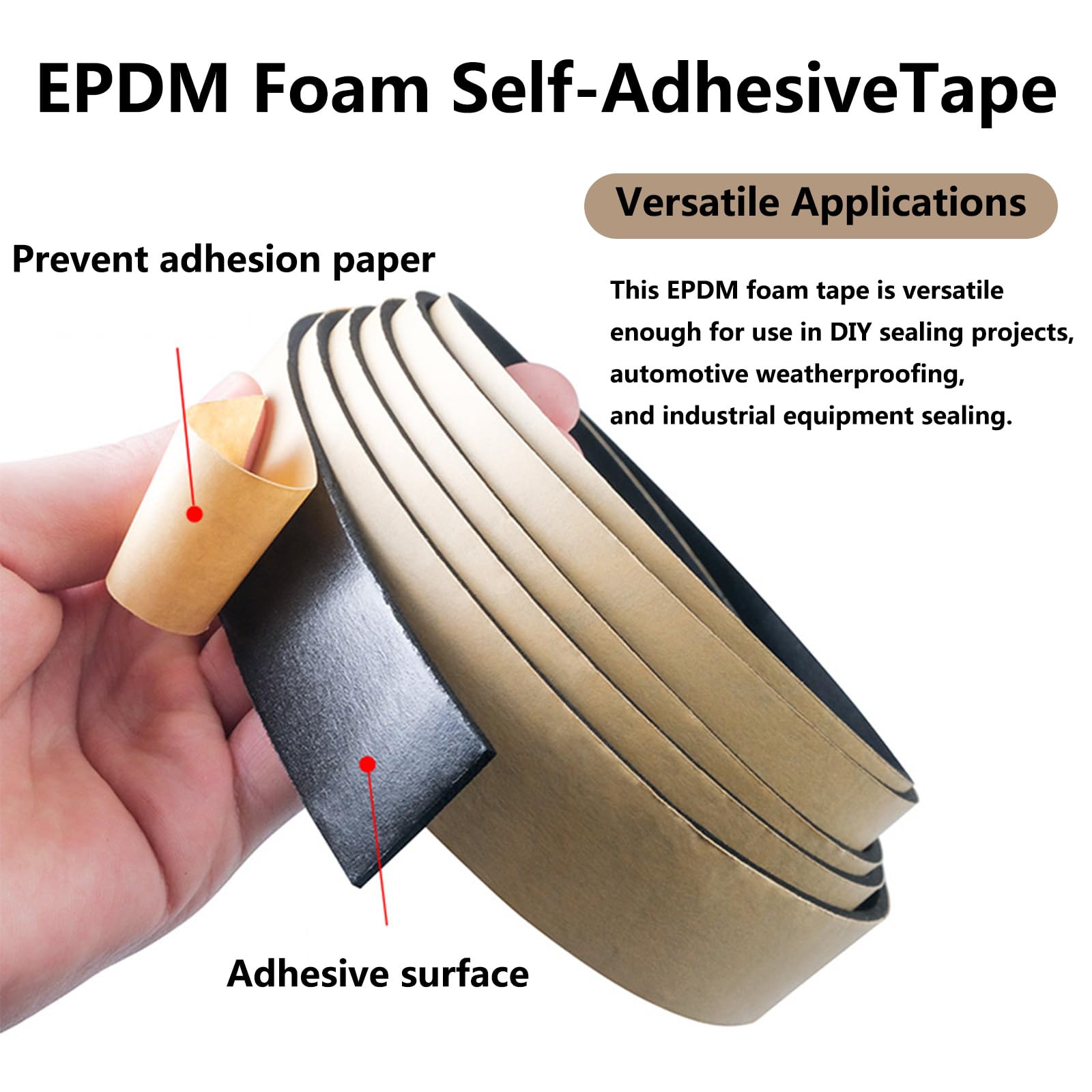 Cinta de espuma autoadhesiva para burletes, Cinta de sellado autoadhesiva espuma EPDM 2 m 20 mm x (20-50) for impermeabilización y reducción ruido(20mmx20mm)
