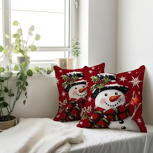 Miniatura 7 de Funda de almohada de muñeco de nieve de Navidad, fundas de almohada de invierno, fundas de almohada de algodón, tamaño estándar, juego de 2 fundas