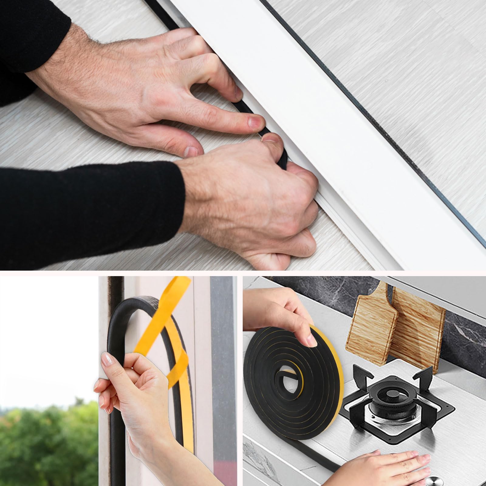 Nastro sigillante autoadesivo, 8 m, 12 mm x 10 mm, in gomma espansa autoadesiva, impermeabile, per porte e finestre, guarnizione in gomma, protezione acustica