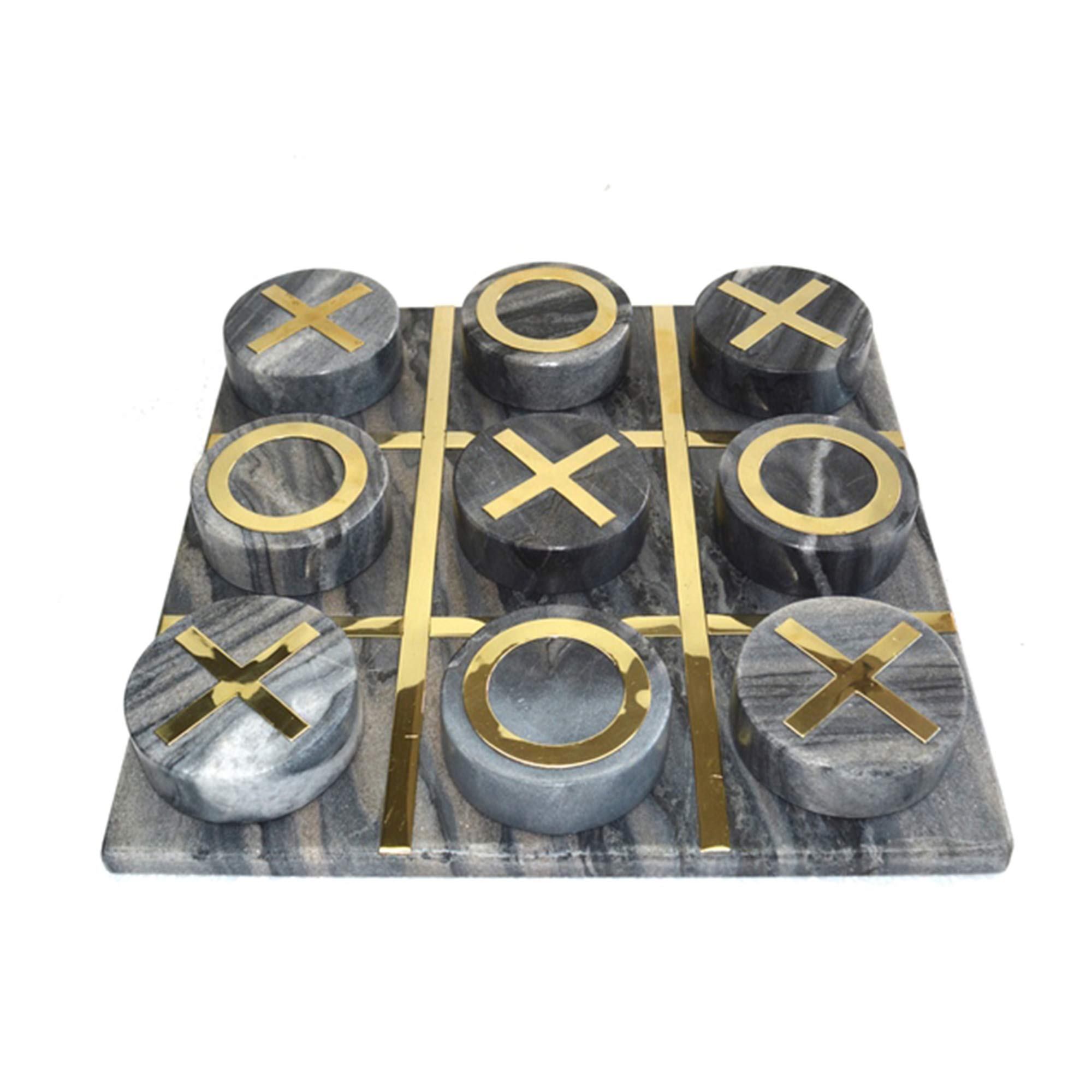 Sagebrook Home Marble Tic-Tac-Toe Game Set - Handmade Stone & Brass Board - Luxury Modern Coffee Table Decor for Home, Office, Living Room - 3" Black & Gold