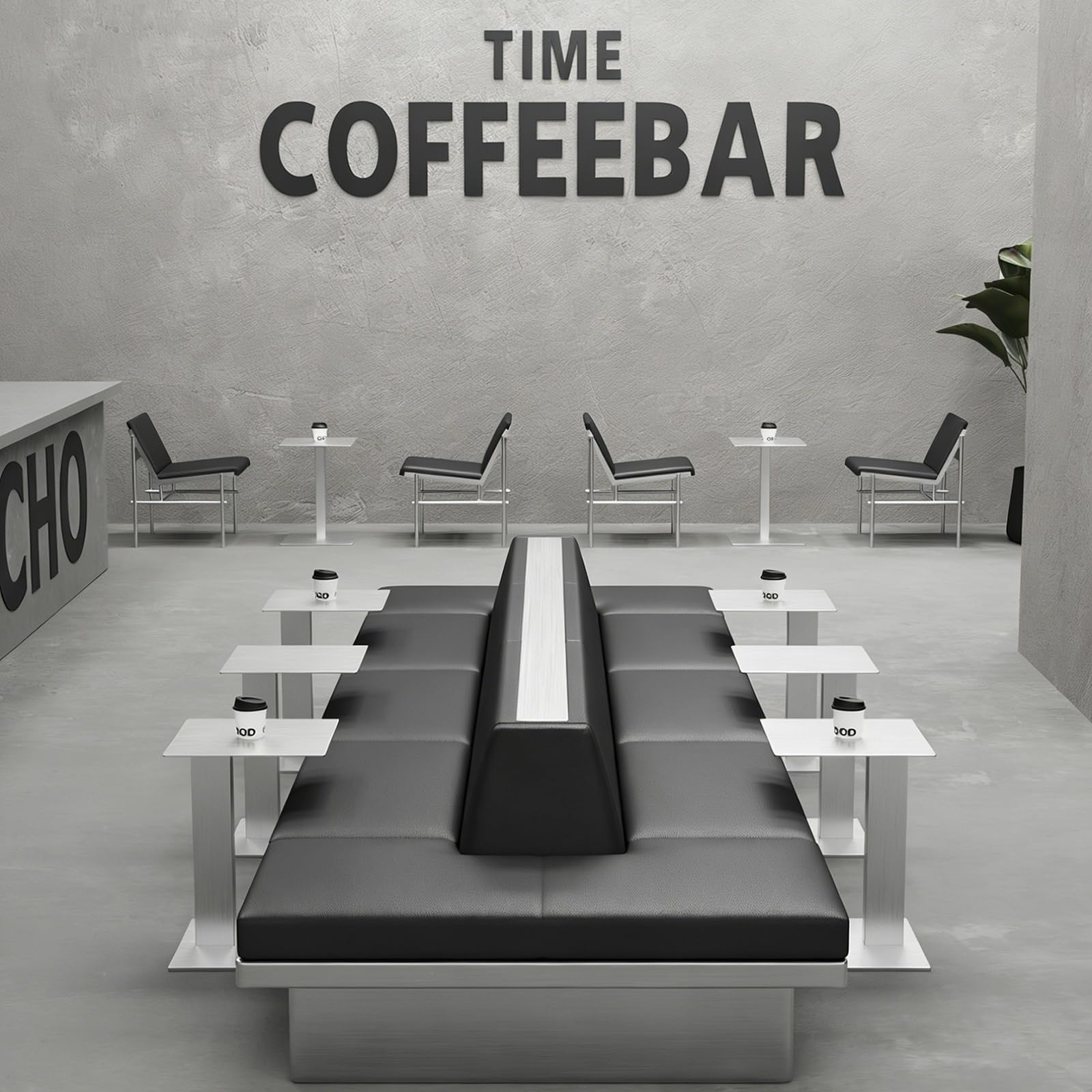 Sofá industrial de doble cara de acero inoxidable, moderno banco de piel sintética y mesa de metal para cafetería, recepción u oficina sala de espera