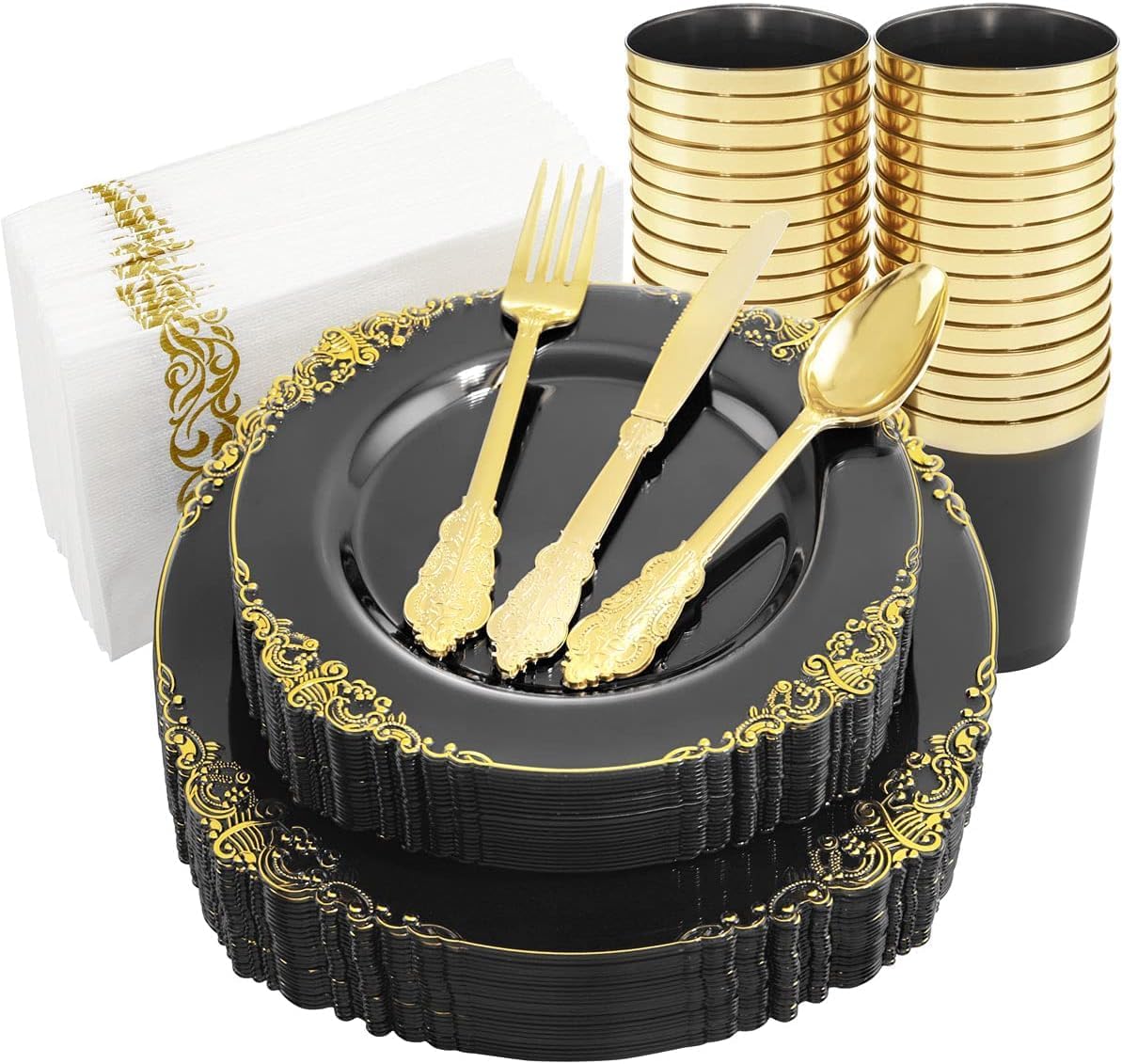175pcs Clear Black Plastic Plates - Gold Plastic Dinnerware Set for 25 Guests include 50 Disposable Plates,75 Gold Silverware,25 Cups,25 Napkins Perfect for Party&Independence Day