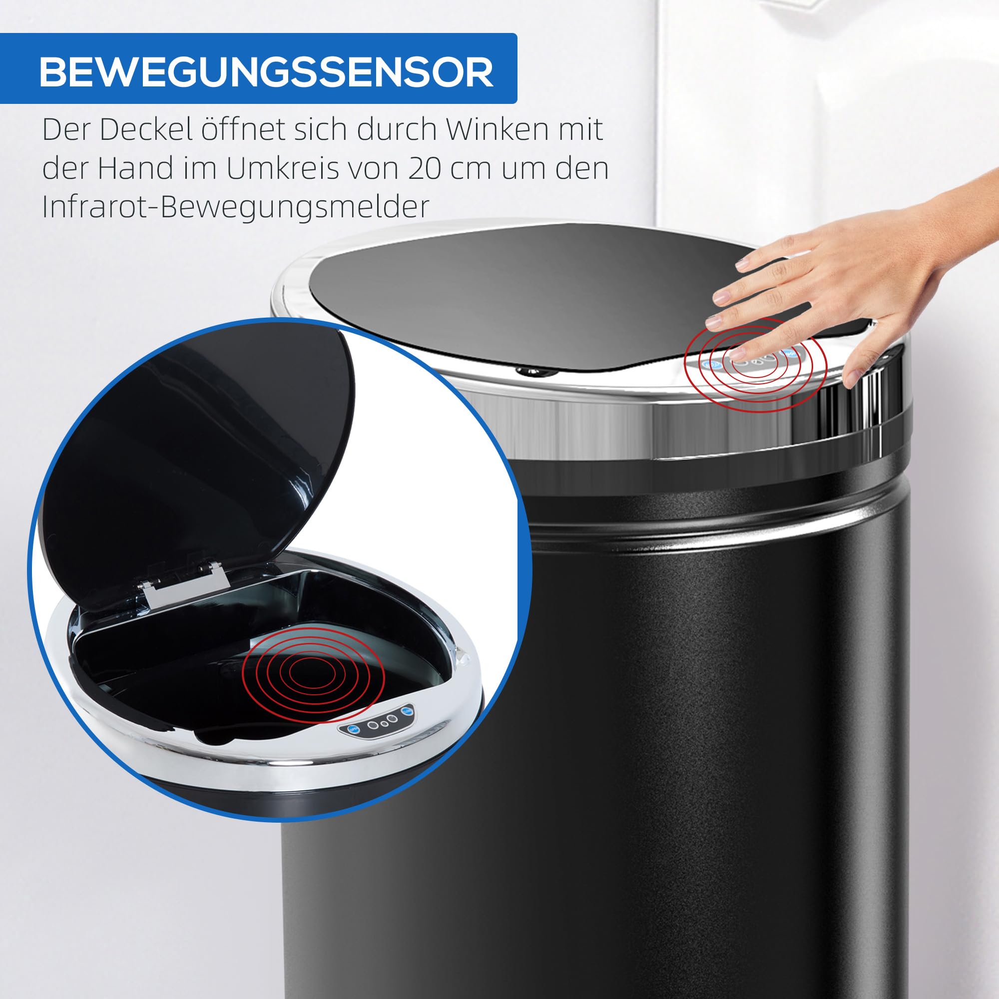 HOMCOM Sensor Mülleimer 42L mit Inneneimer für Küchen Büro Schwarz | Automatischer Mülleimer, Abfalleimer, Bewegungssensor, Abfallbehälter, Müllbehälter, Schlafzimmer