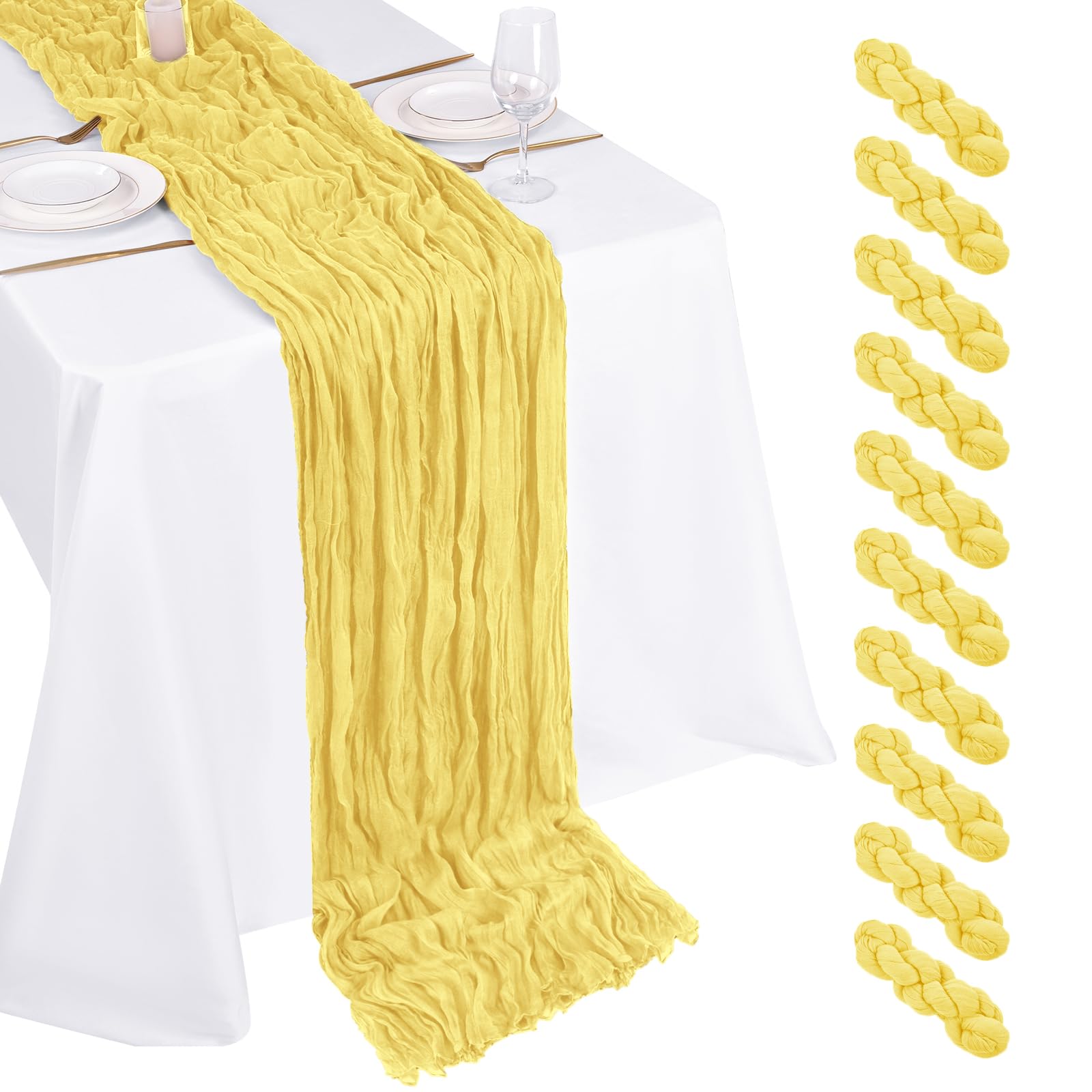 Photo 1 of 10 Pack Light Yellow Cheesecloth Table Runner 17x108 Inch Boho Gauze Cheese Cloth Table Runners for Wedding Party Baby Shower Birthday Home Decor