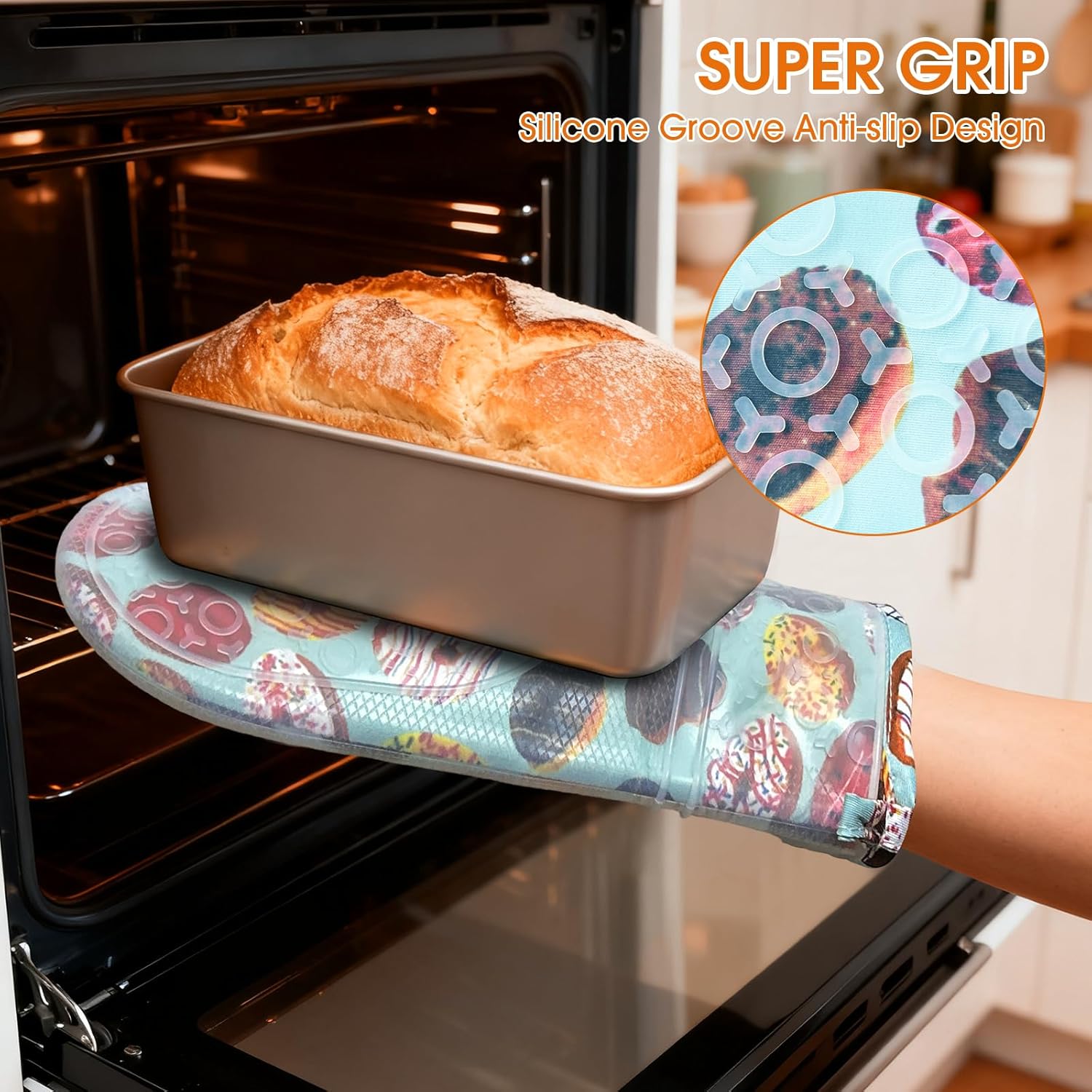 Silicone Oven Mitts Set Heat Resistant 2PCS Kitchen Mittens with Soft Cotton Lining Long Waterproof Non-Slip Oven Gloves for Cooking, BBQ, Baking-Donut - Image 6