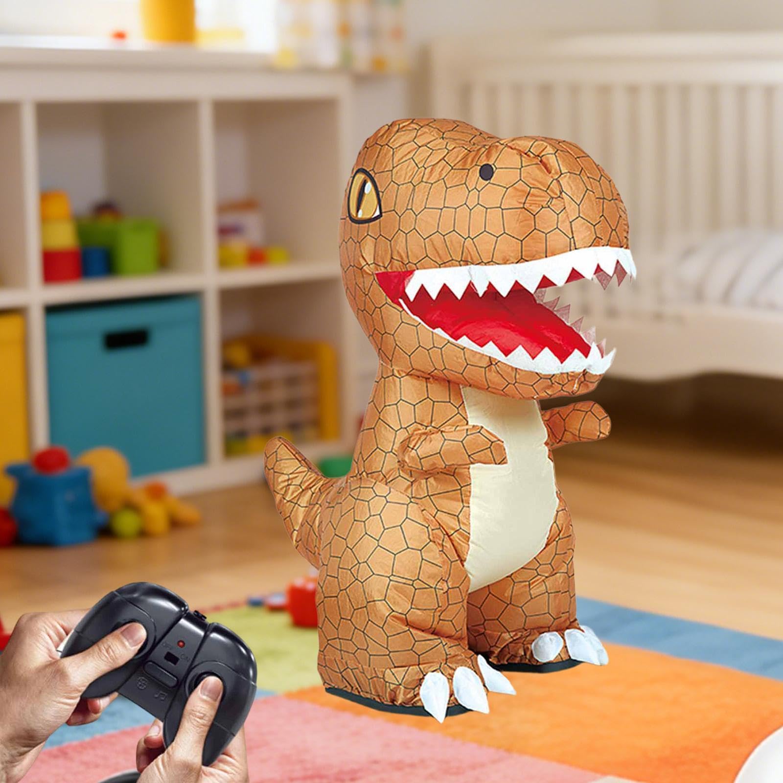 Qianly Juguete Eléctrico Dinosaurio Inflable Control Remoto Inflación Automática Rotación de 360 Grados Y Música Activa Adecuado para Niños Fiestas de Cumple, MarrÓn