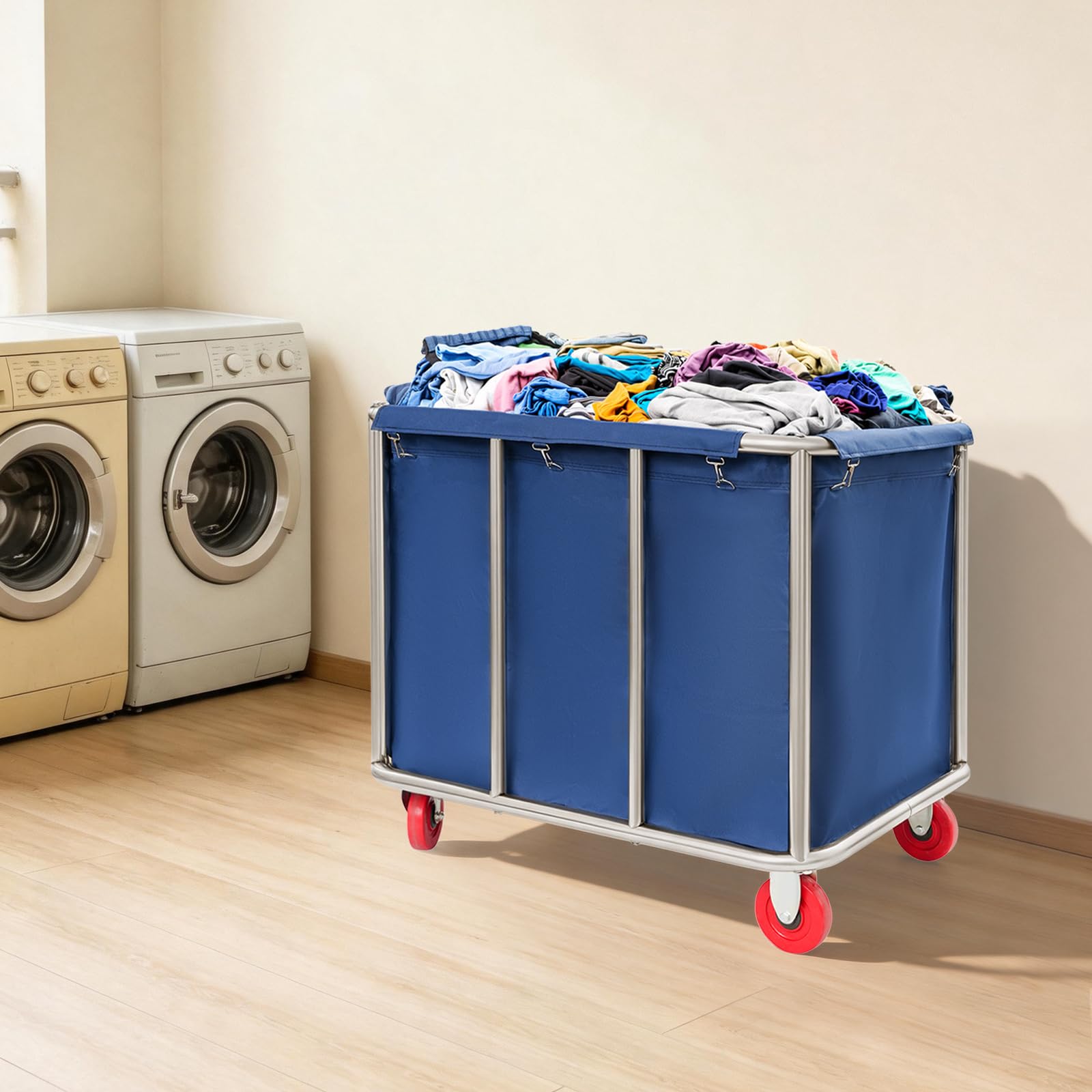 Carrito de lavandería con ruedas de acero inoxidable, 90 x 65 x 80 cm, con tela Oxford, capacidad de carga de 260 libras, carrito de lavandería comercial, para hotel, lavandería, cesta para la colada
